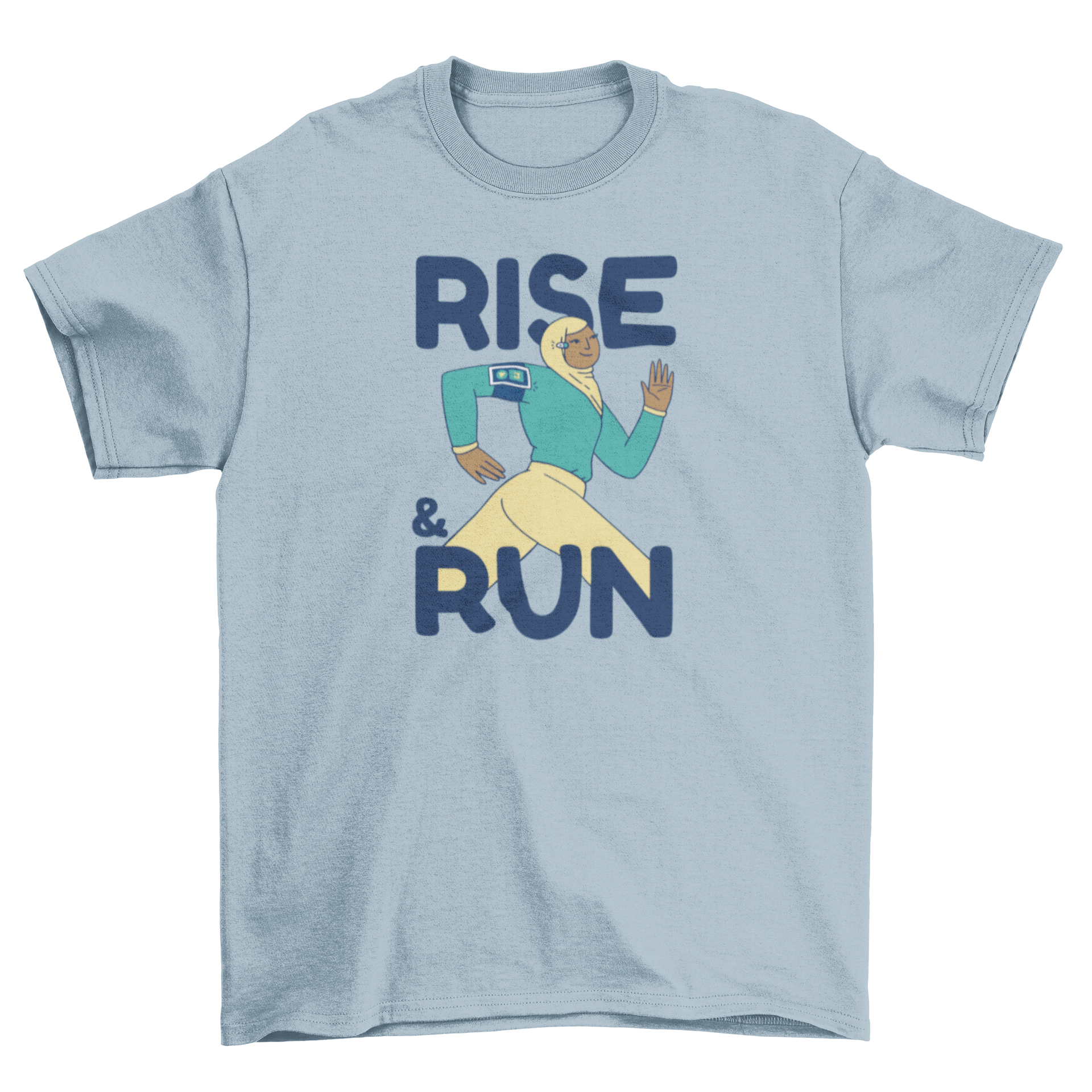 A stylish t-shirt featuring a Muslim woman running with the quote 'Rise and run', perfect for active women.