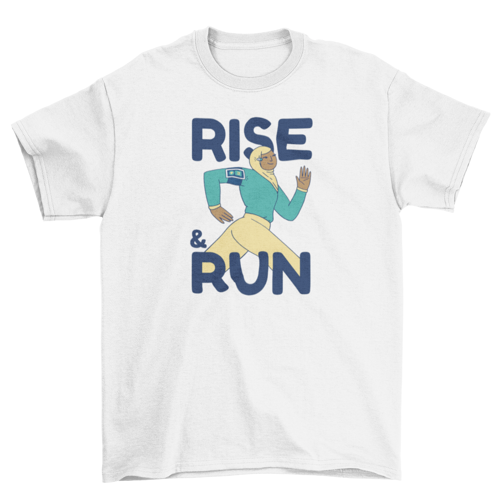 A stylish t-shirt featuring a Muslim woman running with the quote 'Rise and run', perfect for active women.