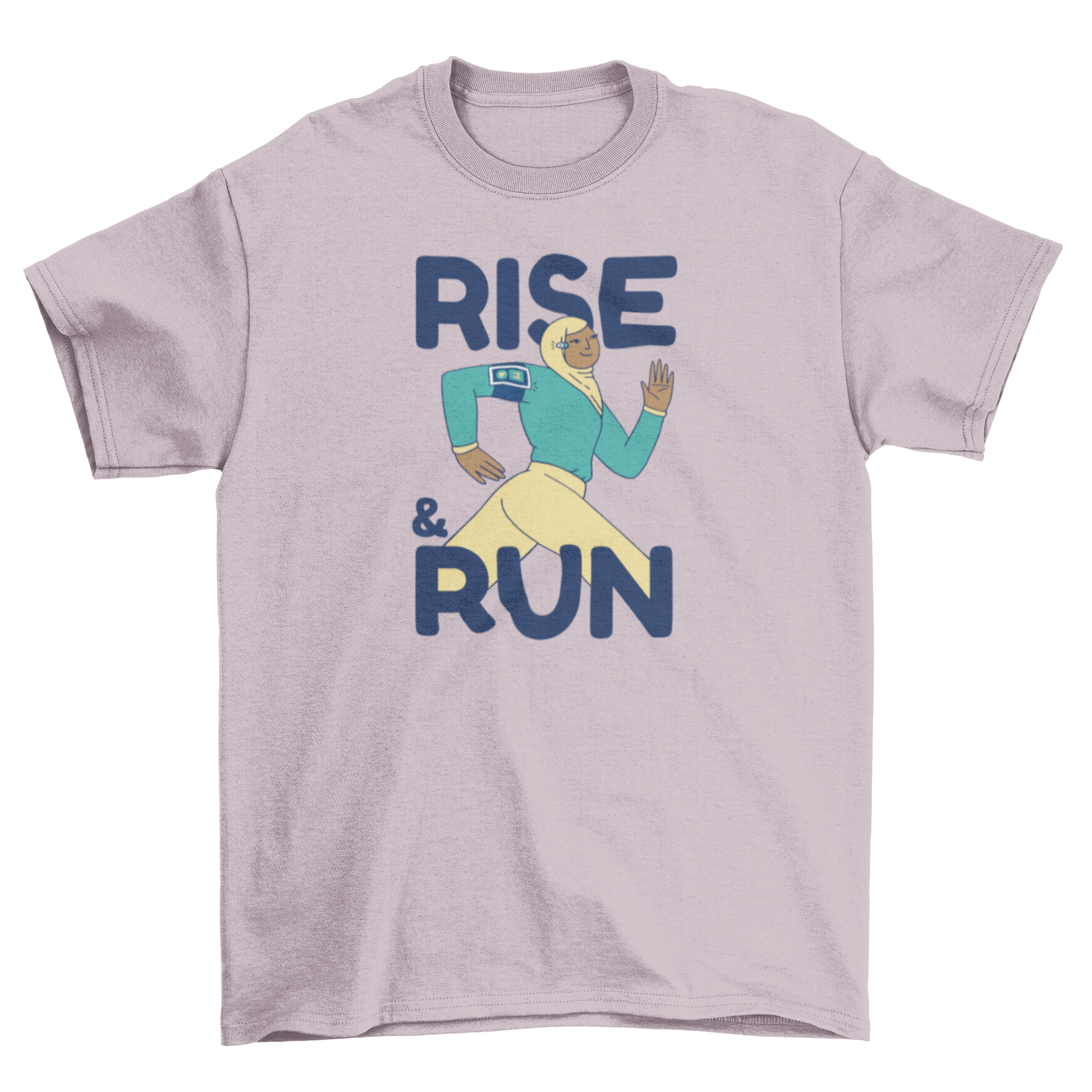 A stylish t-shirt featuring a Muslim woman running with the quote 'Rise and run', perfect for active women.