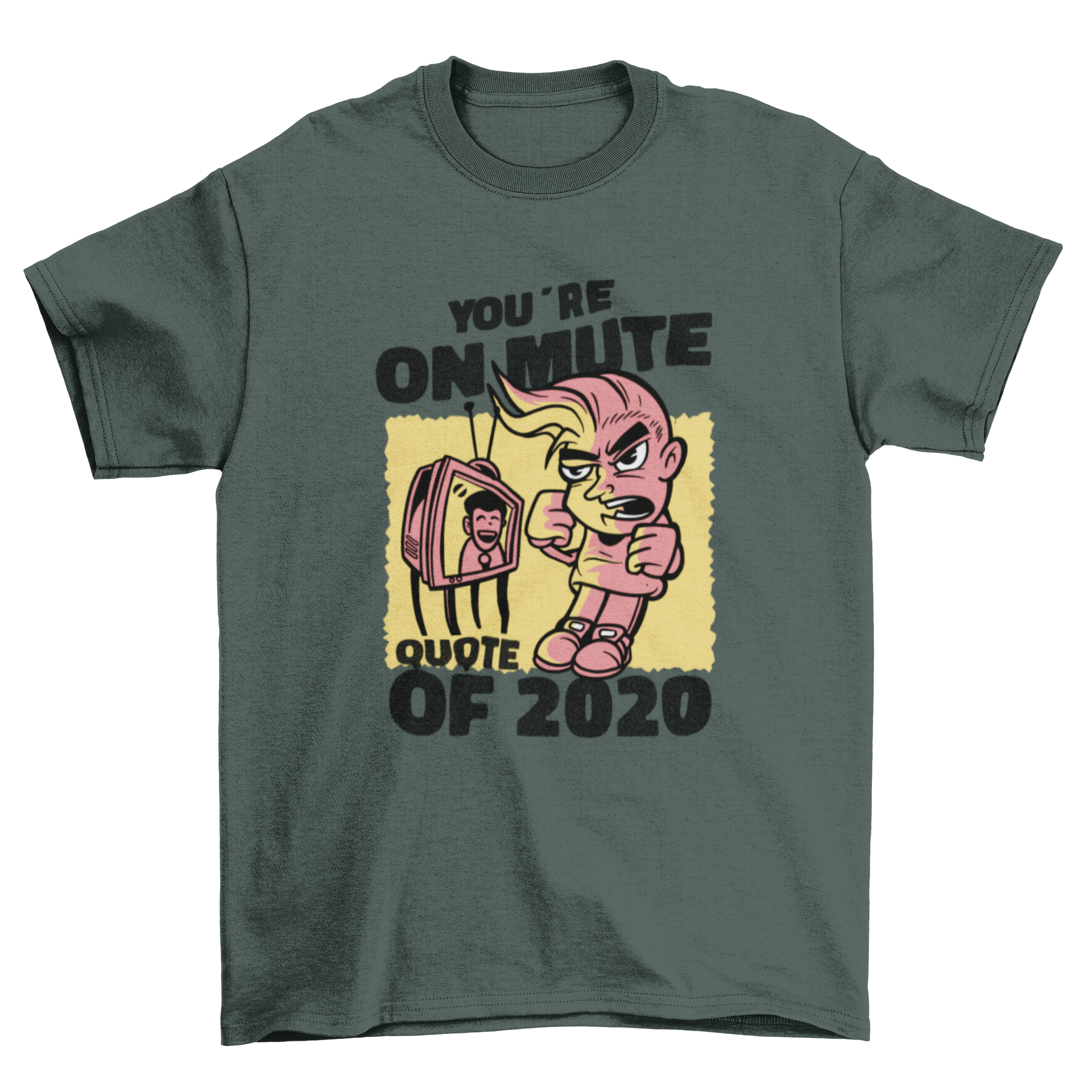 Muted 2020 quote t-shirt design featuring a kid in front of a TV with the quote 'You're on mute'.