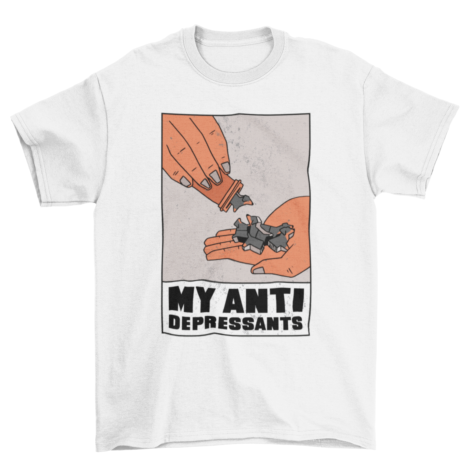 A stylish t-shirt featuring a unique design of dog-shaped pills with the quote 'My antidepressants'.