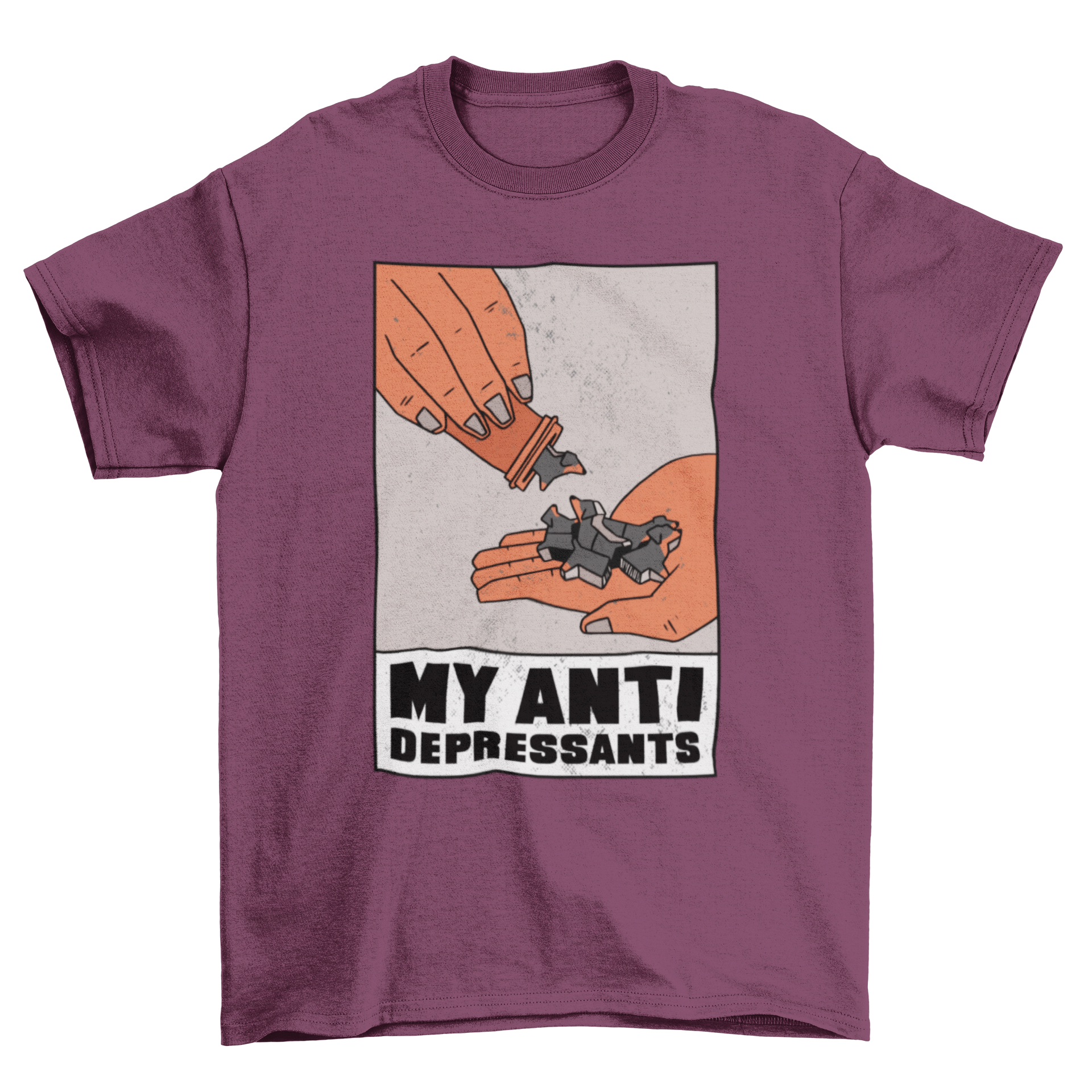 A stylish t-shirt featuring a unique design of dog-shaped pills with the quote 'My antidepressants'.