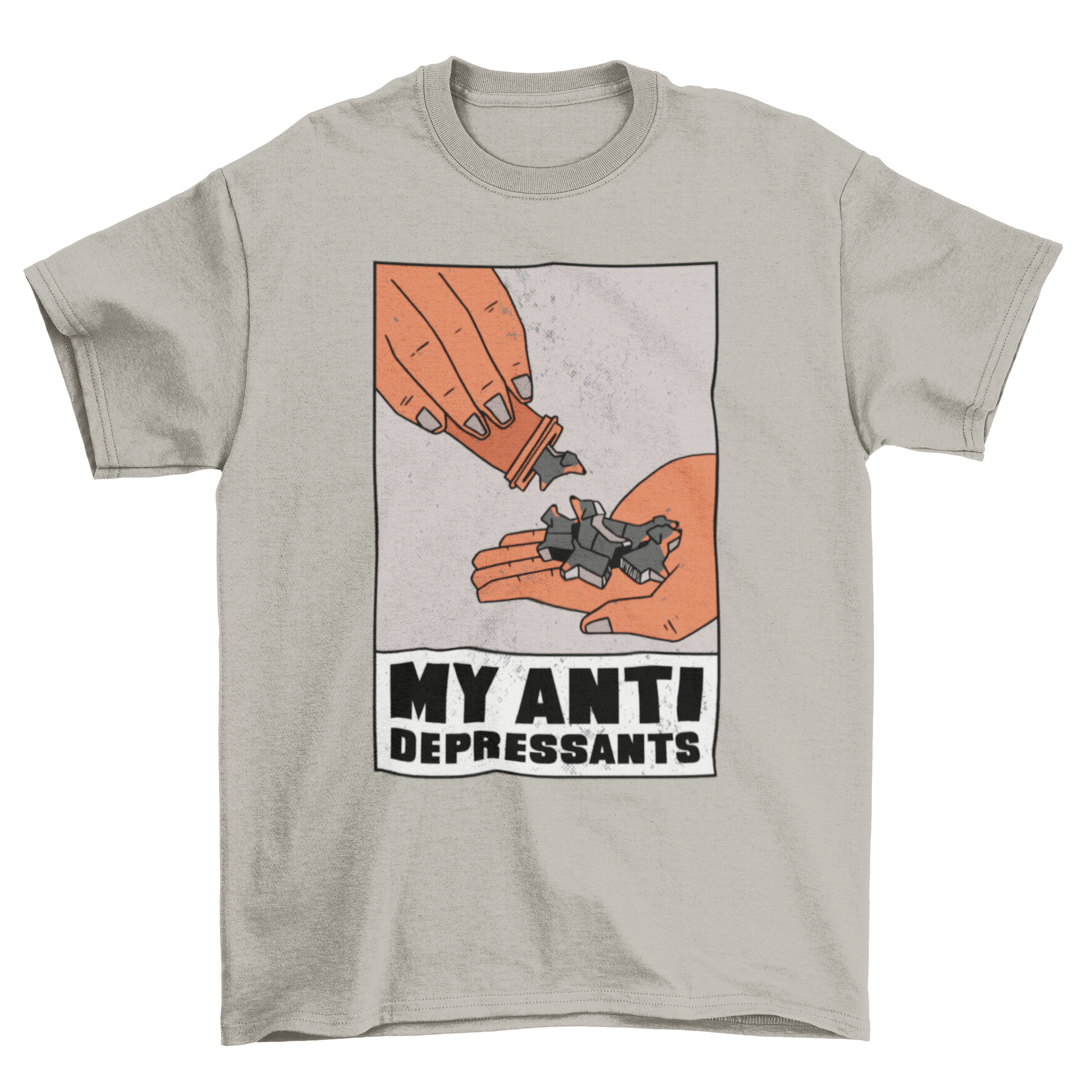 A stylish t-shirt featuring a unique design of dog-shaped pills with the quote 'My antidepressants'.