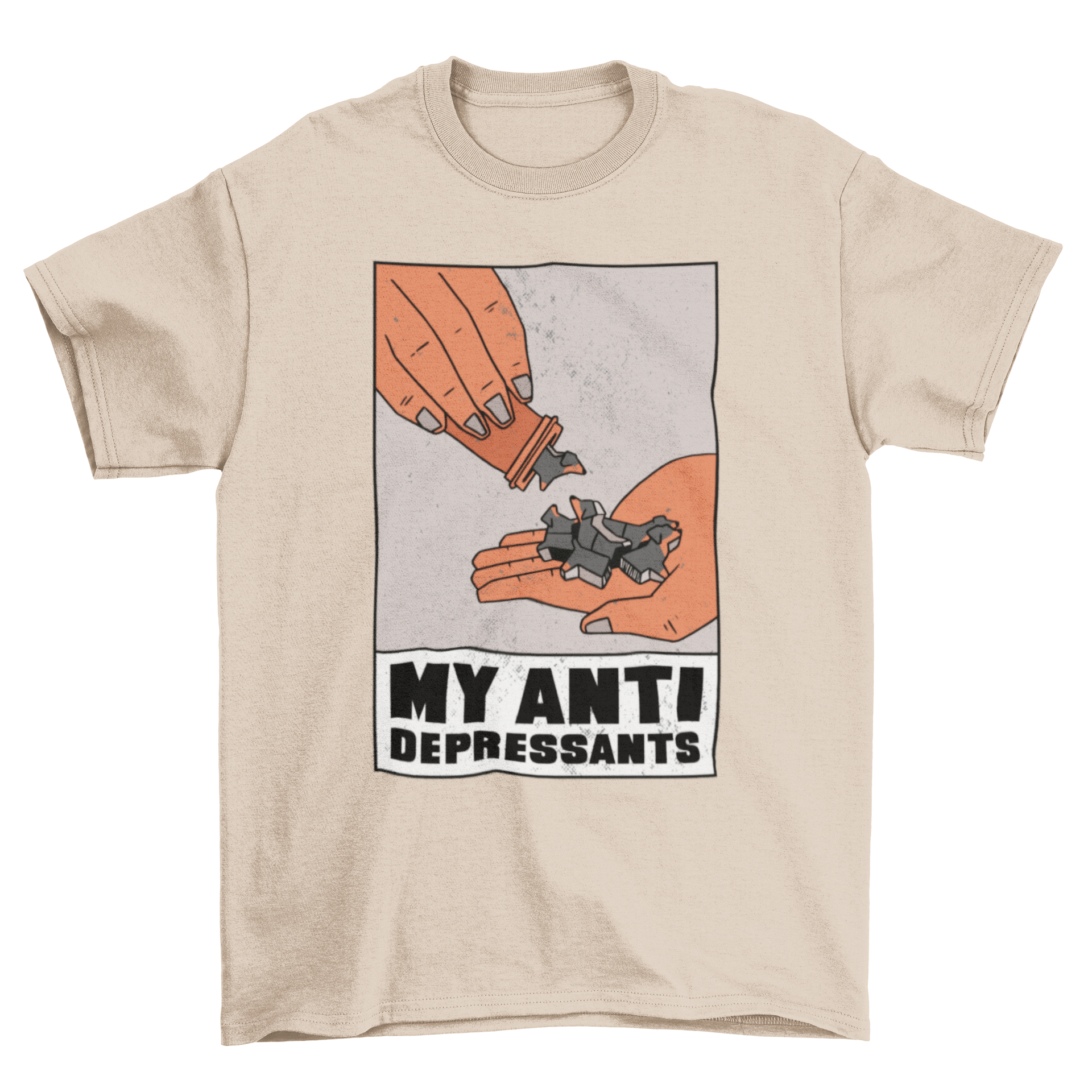 A stylish t-shirt featuring a unique design of dog-shaped pills with the quote 'My antidepressants'.