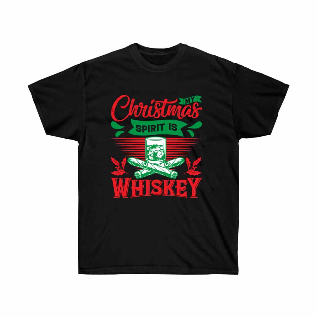 My Christmas Spirit is Whiskey Holiday T-shirt featuring a festive design, made from soft cotton, suitable for unisex wear.