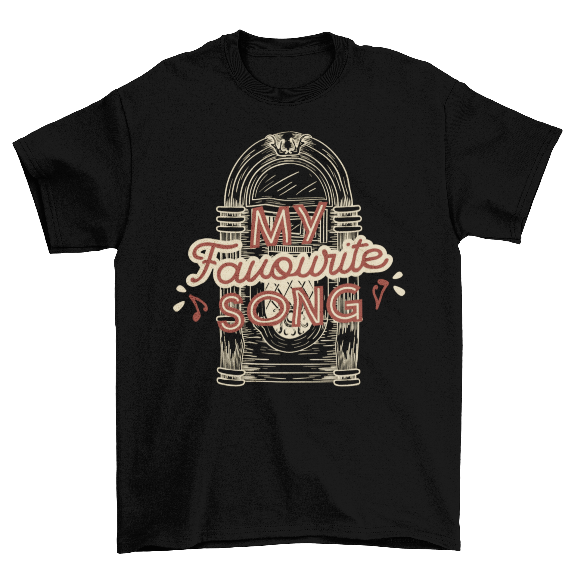 My Favourite Song t-shirt featuring artistic lettering and a hand-drawn jukebox design.