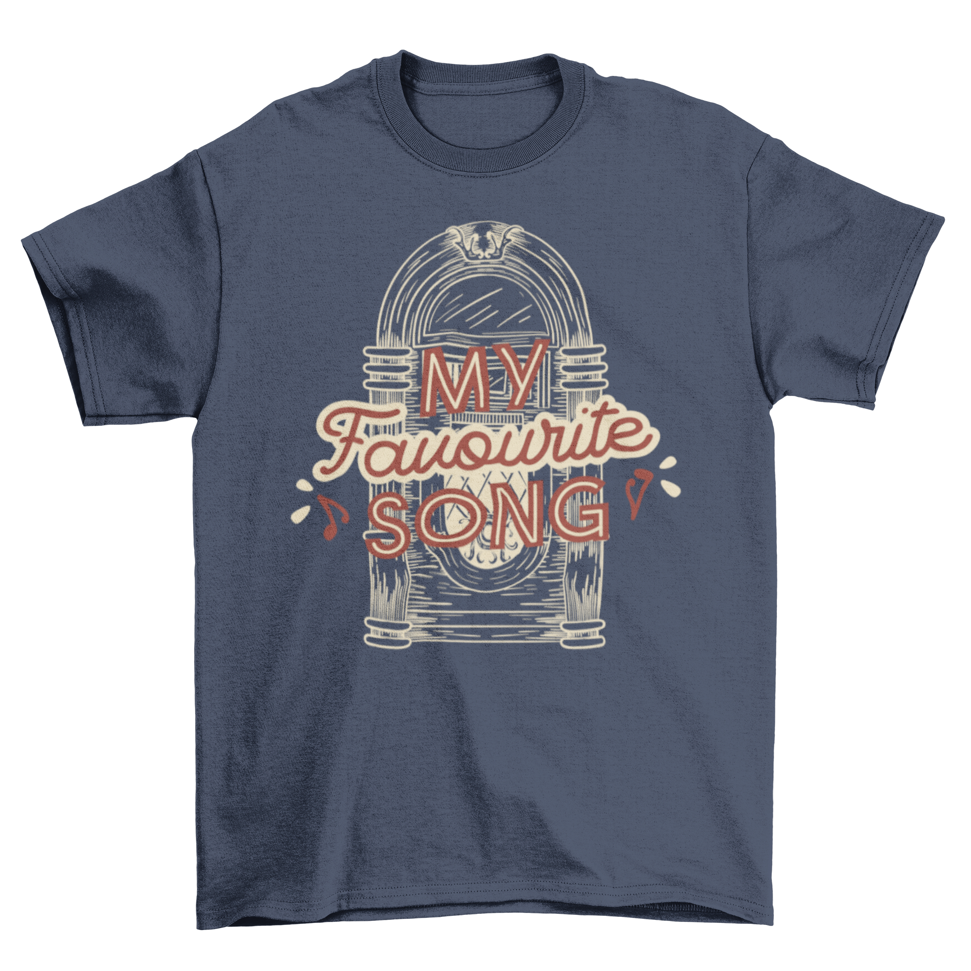 My Favourite Song t-shirt featuring artistic lettering and a hand-drawn jukebox design.