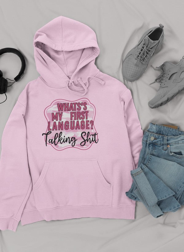 A stylish My First Language Hoodie featuring a cozy fleece lining and adjustable hood, designed by top artists.