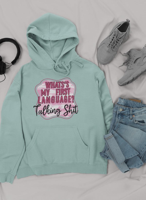 A stylish My First Language Hoodie featuring a cozy fleece lining and adjustable hood, designed by top artists.