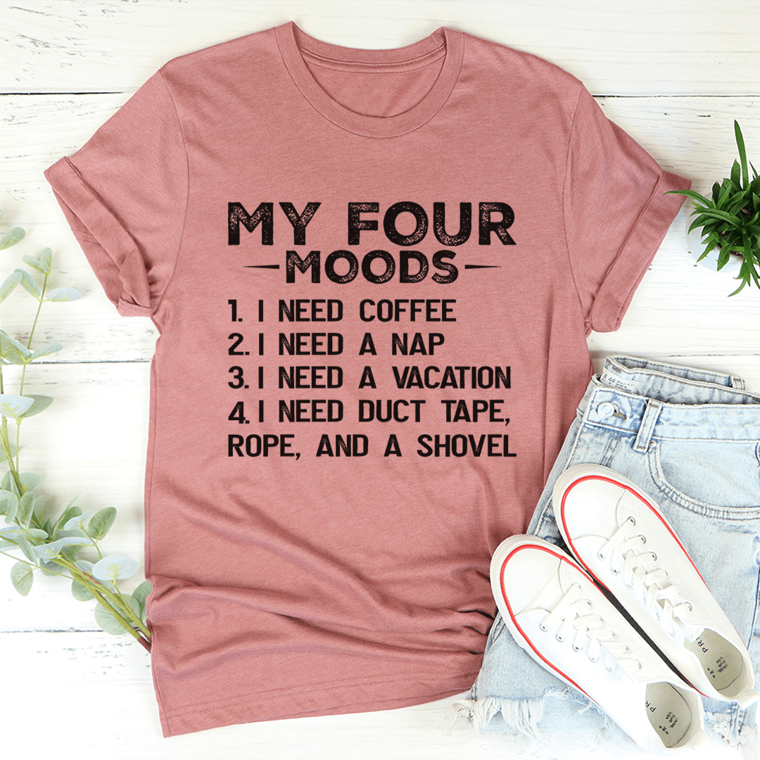 My Four Moods T-Shirt made of soft ring-spun cotton, featuring double stitching for durability, available in various sizes.