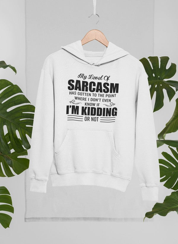 My Level Of Sarcasm Hoodie featuring a humorous design, adjustable hood, and cozy fleece lining.