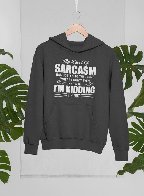 My Level Of Sarcasm Hoodie featuring a humorous design, adjustable hood, and cozy fleece lining.