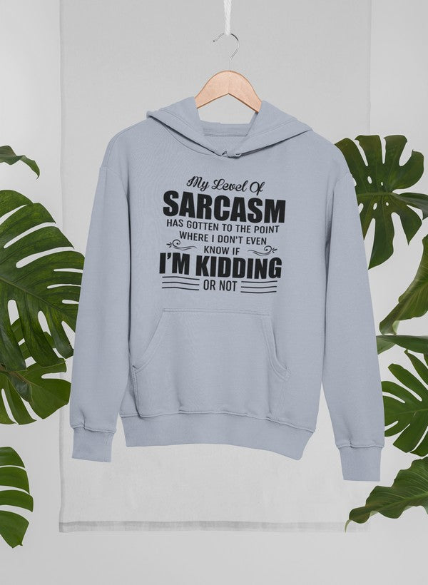 My Level Of Sarcasm Hoodie featuring a humorous design, adjustable hood, and cozy fleece lining.