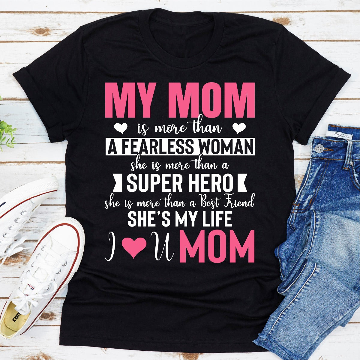 A soft and durable My Mom T-Shirt made from 100% ring-spun cotton, featuring double stitching for added durability.