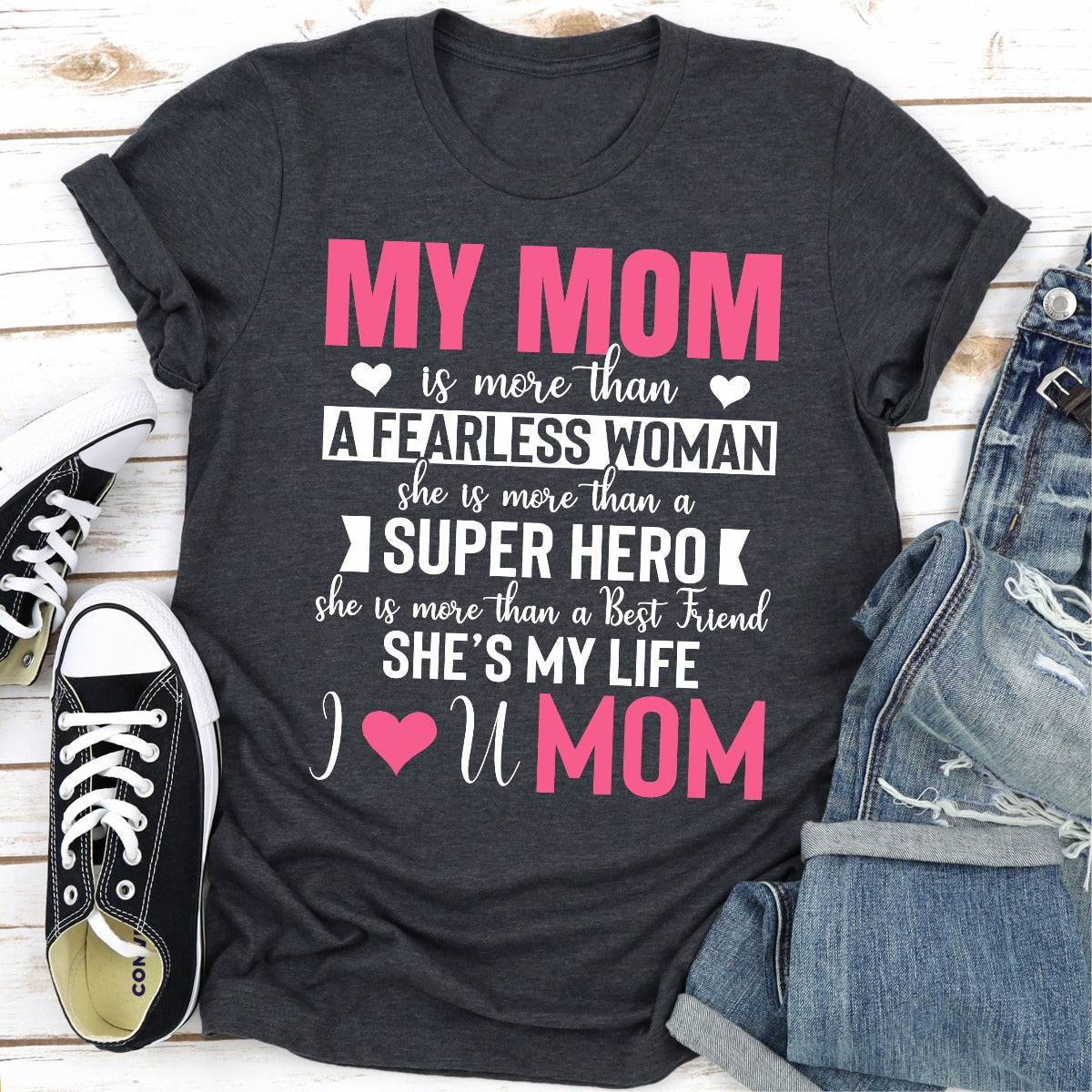 A soft and durable My Mom T-Shirt made from 100% ring-spun cotton, featuring double stitching for added durability.