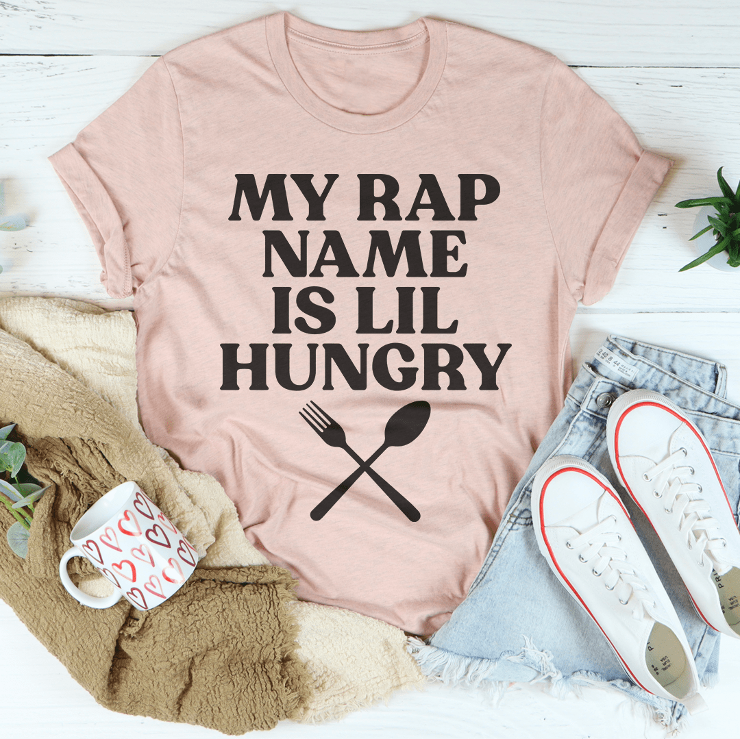 My Rap Name Is Lil Hungry T-Shirt featuring a fun design, made from soft ring-spun cotton with double stitching for durability.