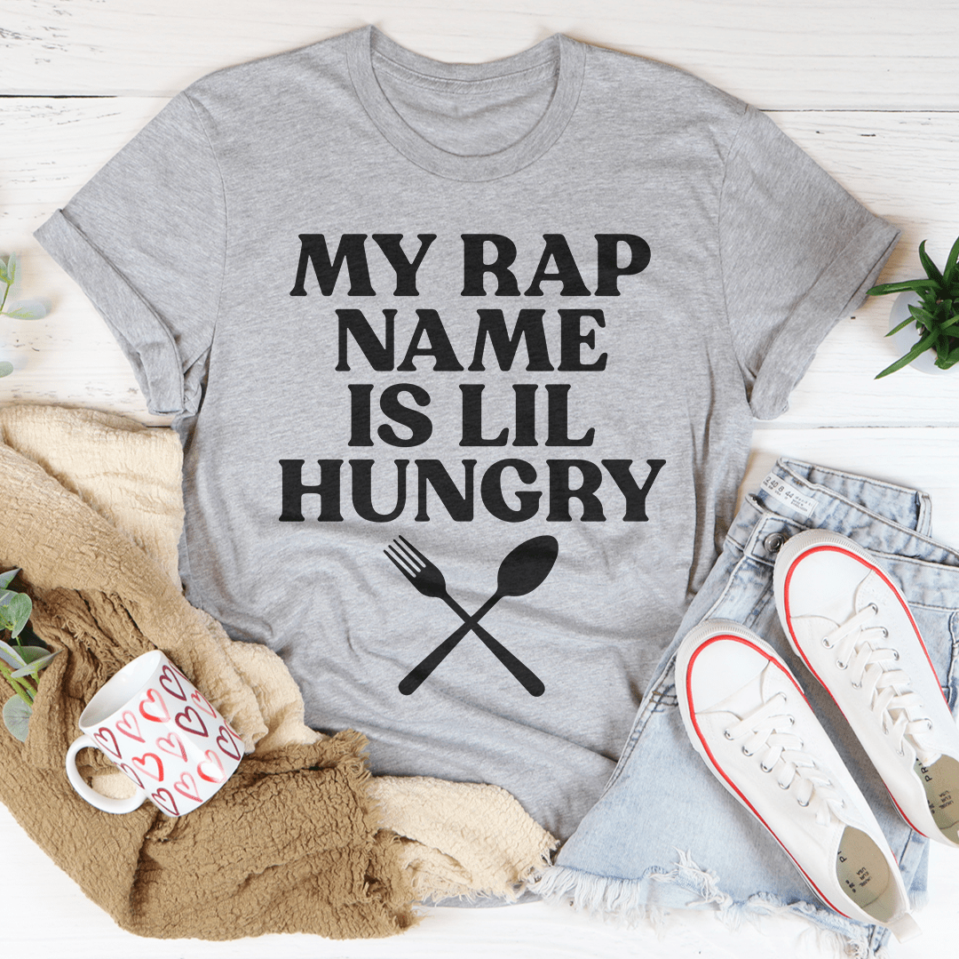 My Rap Name Is Lil Hungry T-Shirt featuring a fun design, made from soft ring-spun cotton with double stitching for durability.