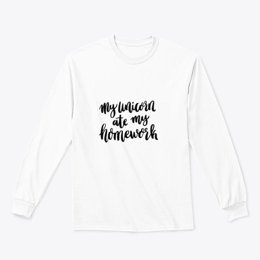 A cozy sweatshirt featuring a whimsical unicorn design with the text 'My Unicorn Ate My Homework', perfect for casual wear.