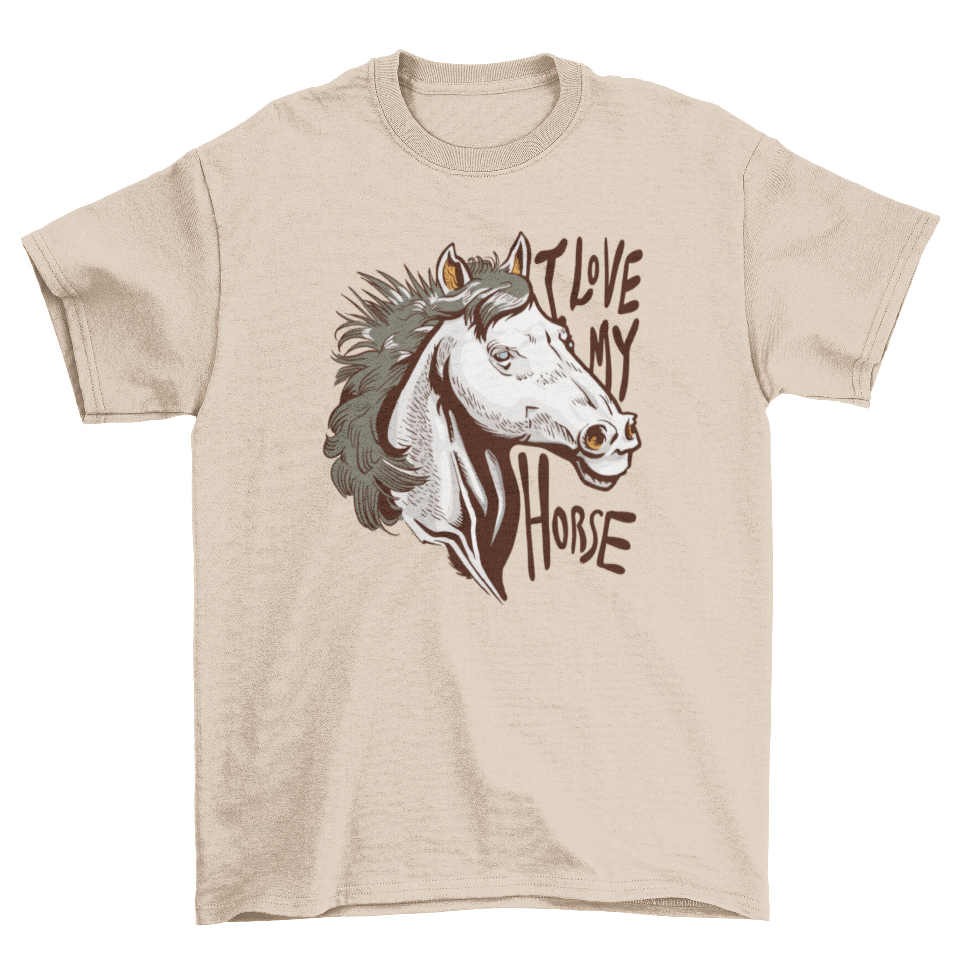 A stylish white t-shirt featuring a white horse with blue eyes and the quote 'I love my horse' printed on it.