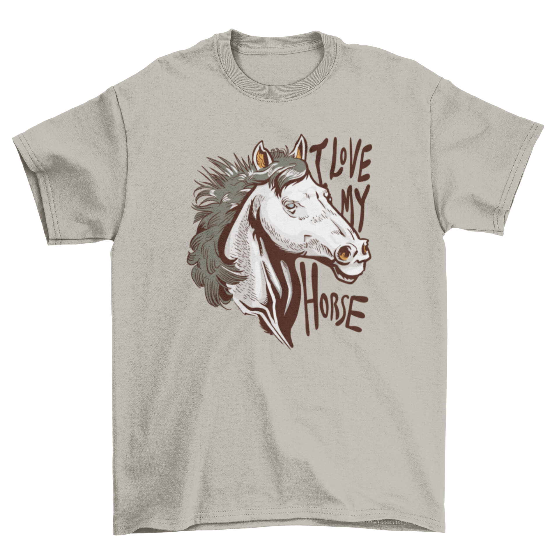 A stylish white t-shirt featuring a white horse with blue eyes and the quote 'I love my horse' printed on it.