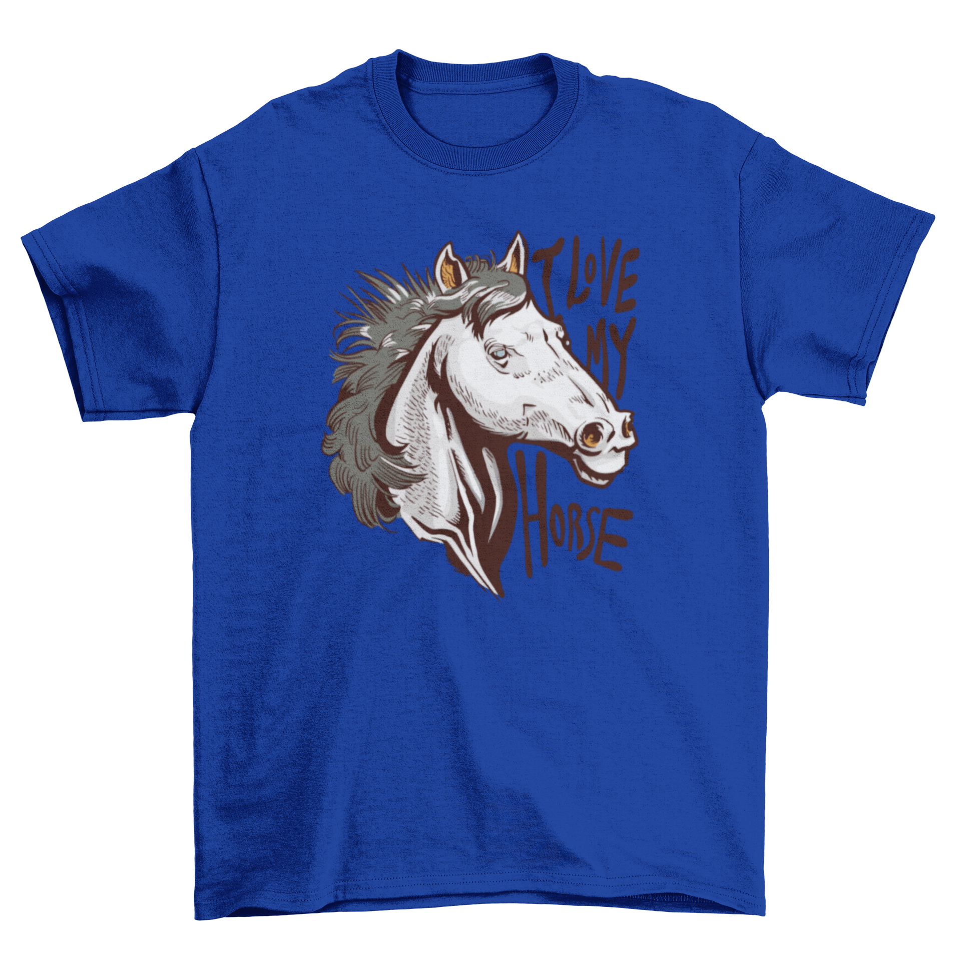 A stylish white t-shirt featuring a white horse with blue eyes and the quote 'I love my horse' printed on it.