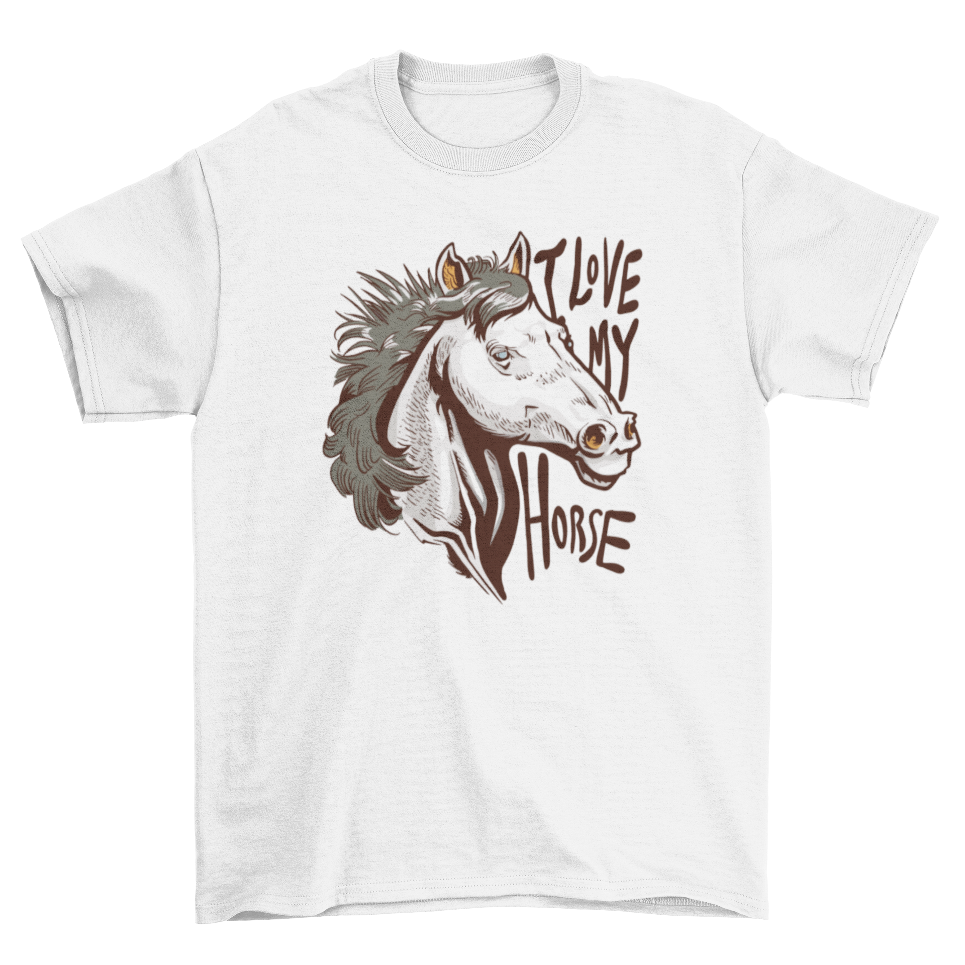 A stylish white t-shirt featuring a white horse with blue eyes and the quote 'I love my horse' printed on it.