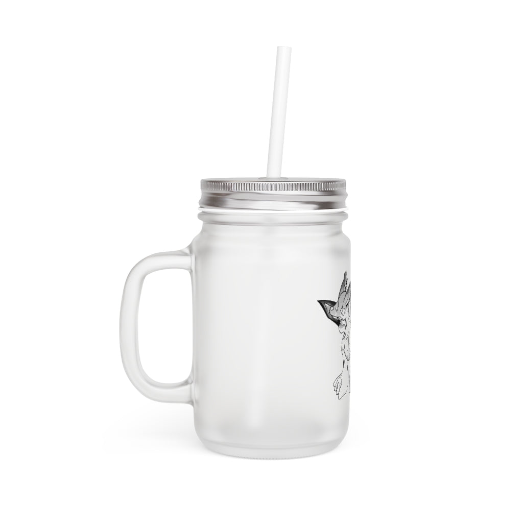 A personalized Mycros Mason Jar made of frosted glass, featuring a straw and lid, perfect for drinks.