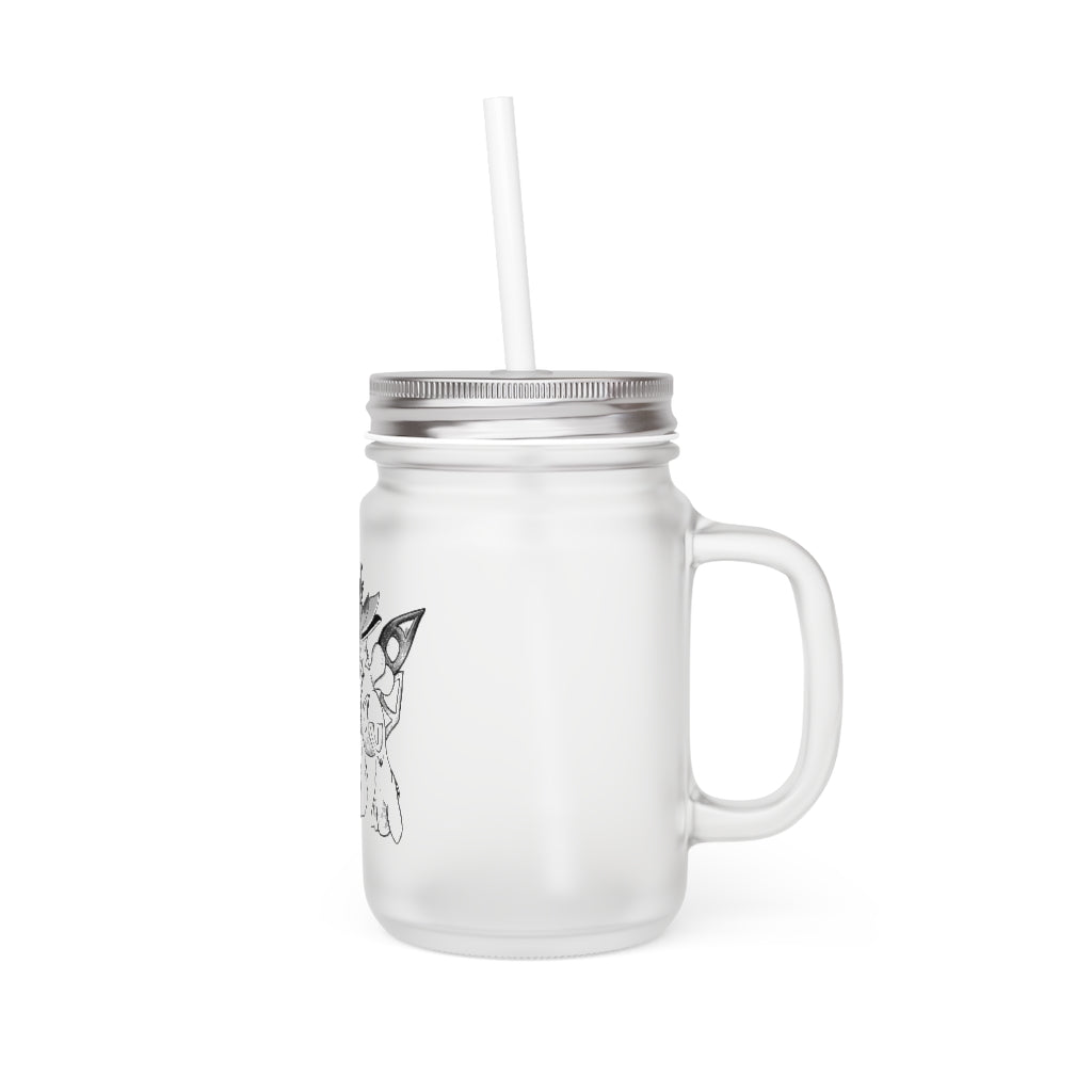 A personalized Mycros Mason Jar made of frosted glass, featuring a straw and lid, perfect for drinks.