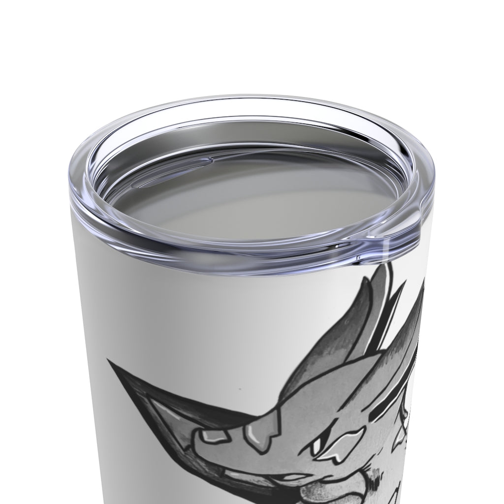 Mycros Tumbler 20oz in stainless steel with a see-thru plastic lid, showcasing its sleek design and rounded corners.