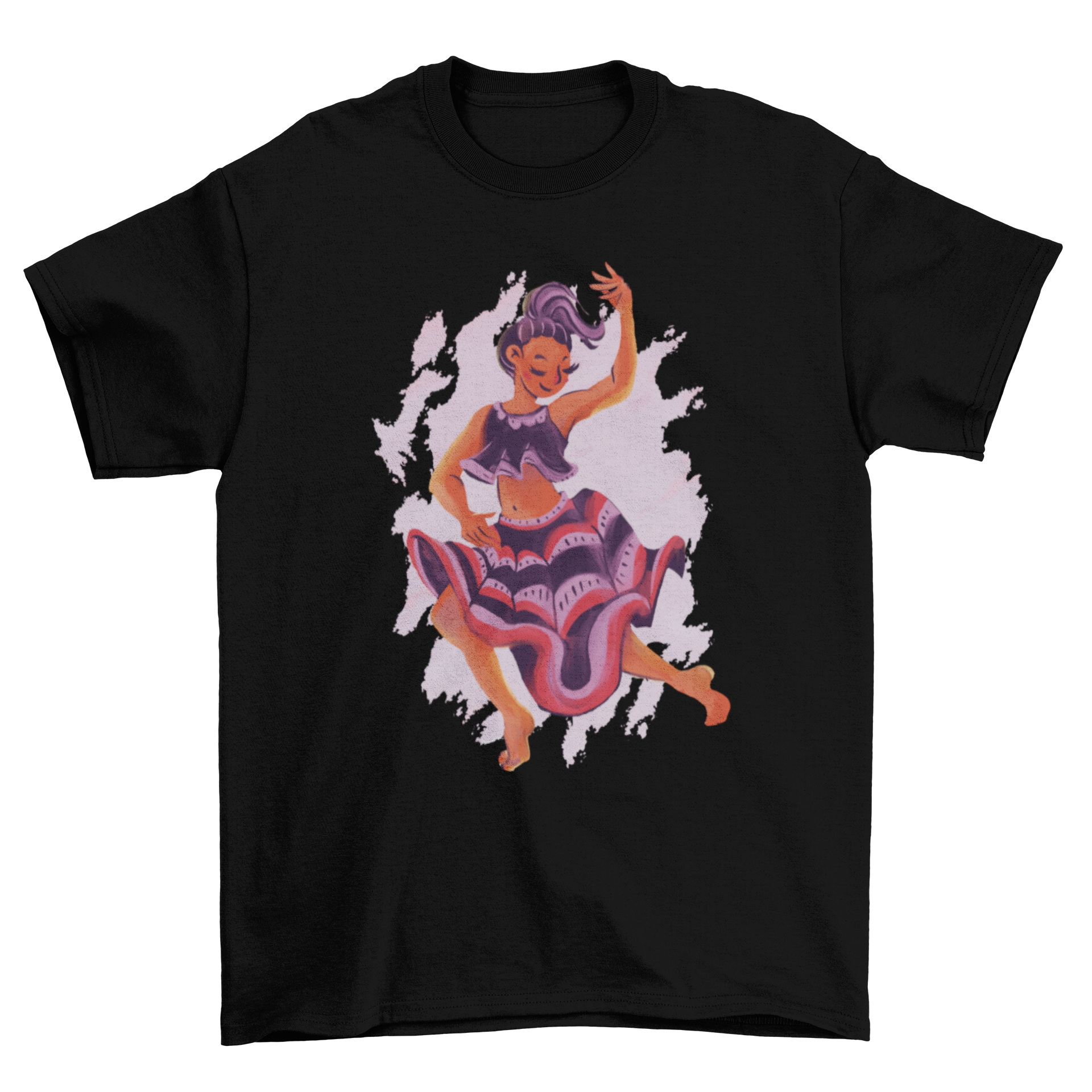 A stylish t-shirt featuring a watercolor design of a mystic dancing woman, showcasing vibrant colors and graceful movement.