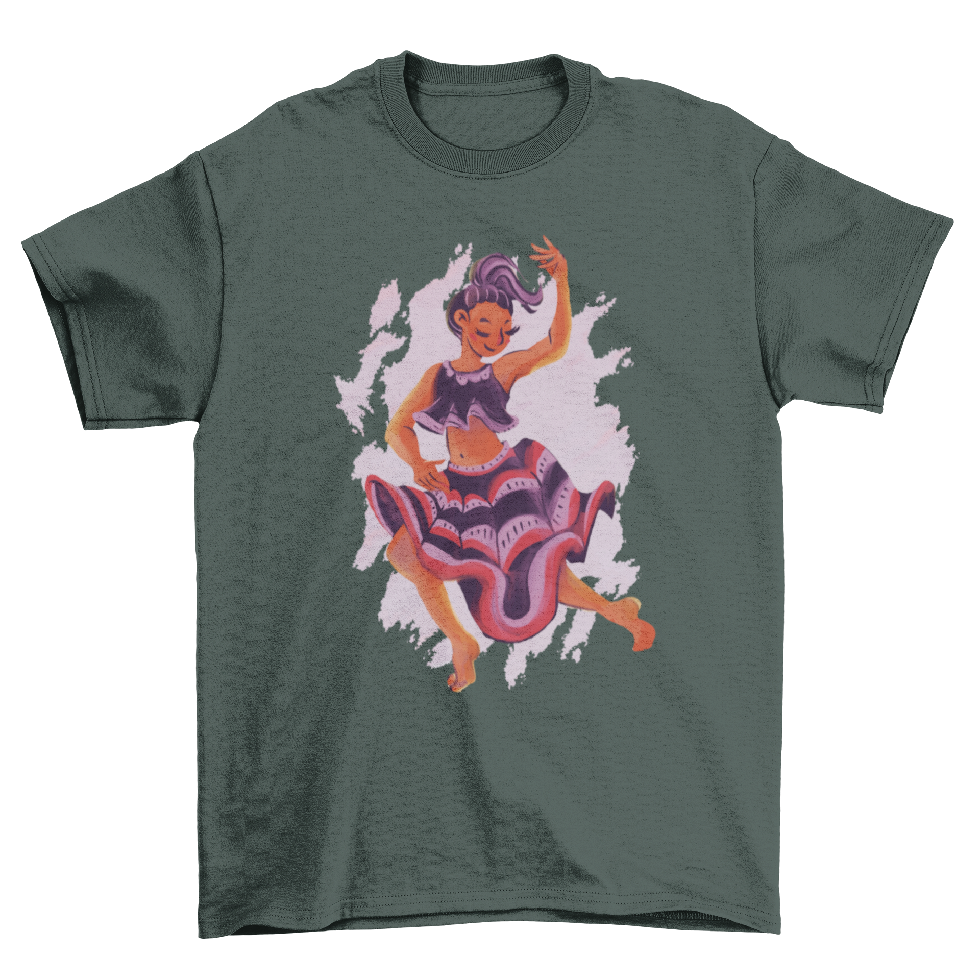 A stylish t-shirt featuring a watercolor design of a mystic dancing woman, showcasing vibrant colors and graceful movement.