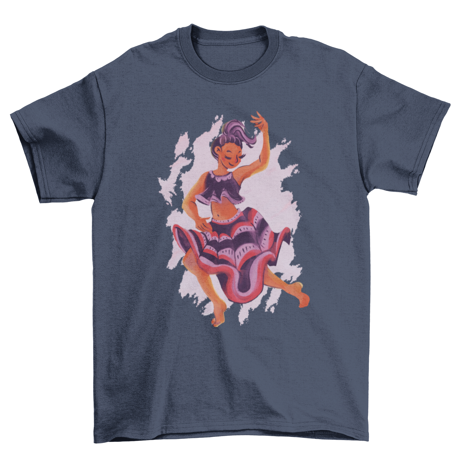 A stylish t-shirt featuring a watercolor design of a mystic dancing woman, showcasing vibrant colors and graceful movement.