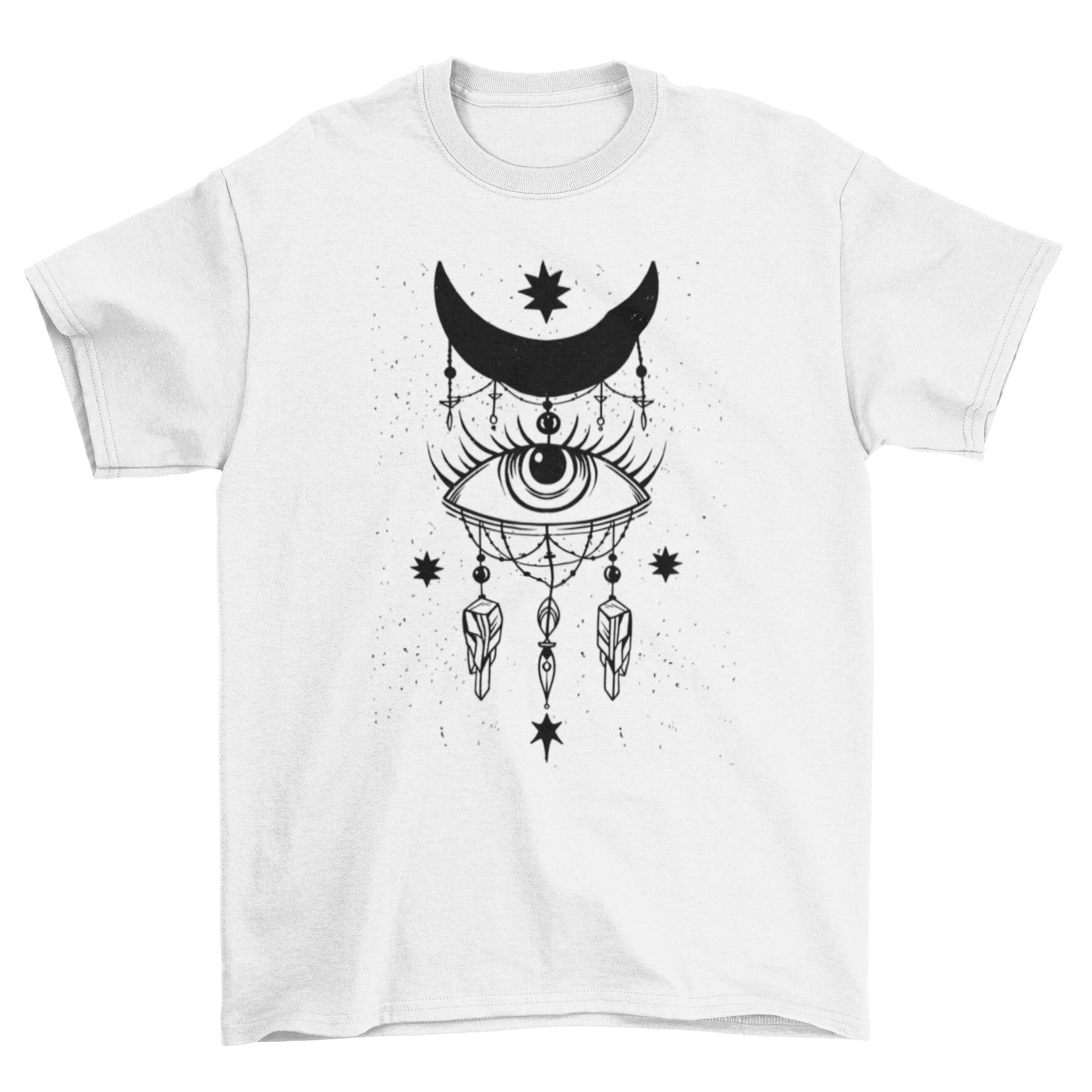 A stylish t-shirt featuring a mystic eye design and a moon graphic, perfect for cosmic enthusiasts.