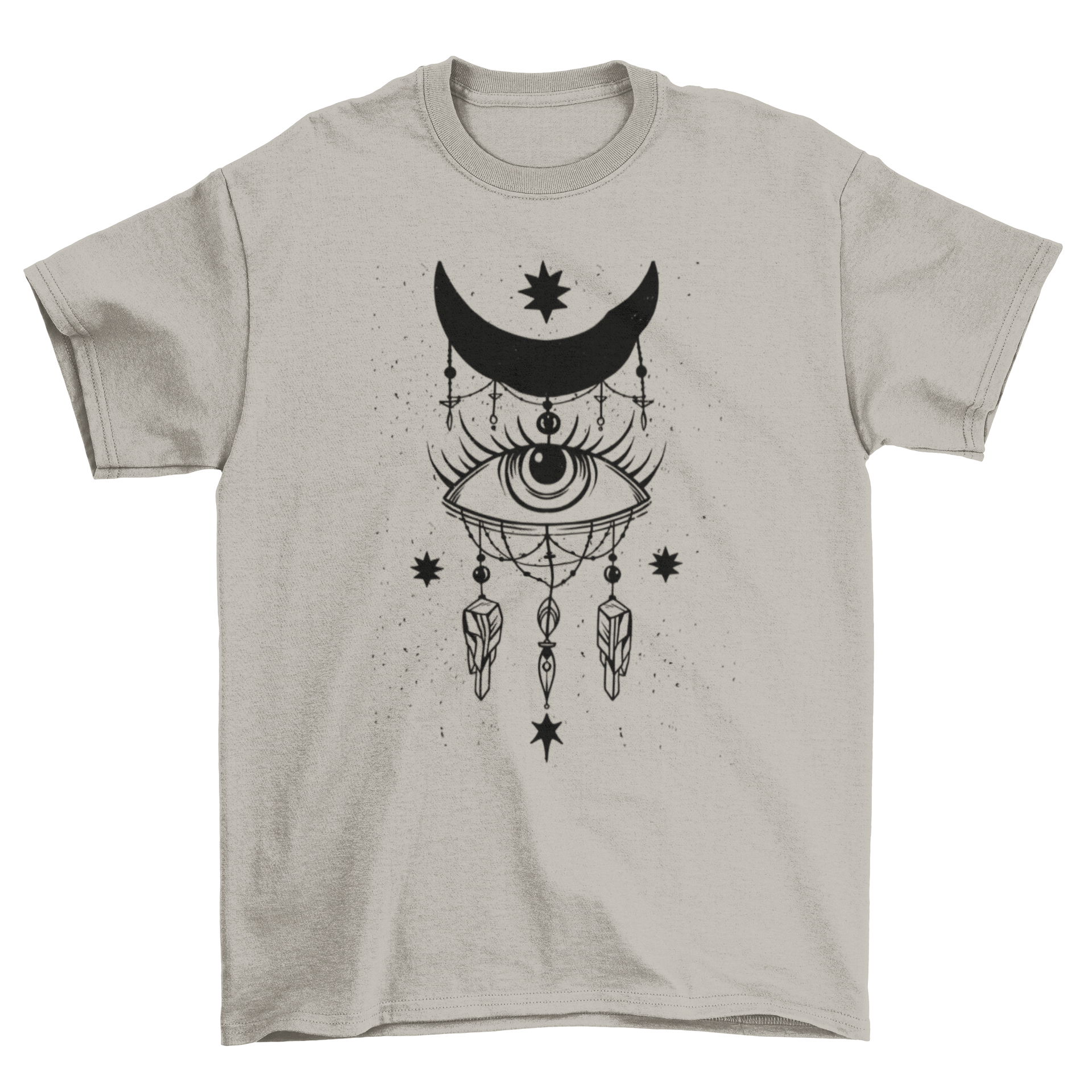 A stylish t-shirt featuring a mystic eye design and a moon graphic, perfect for cosmic enthusiasts.