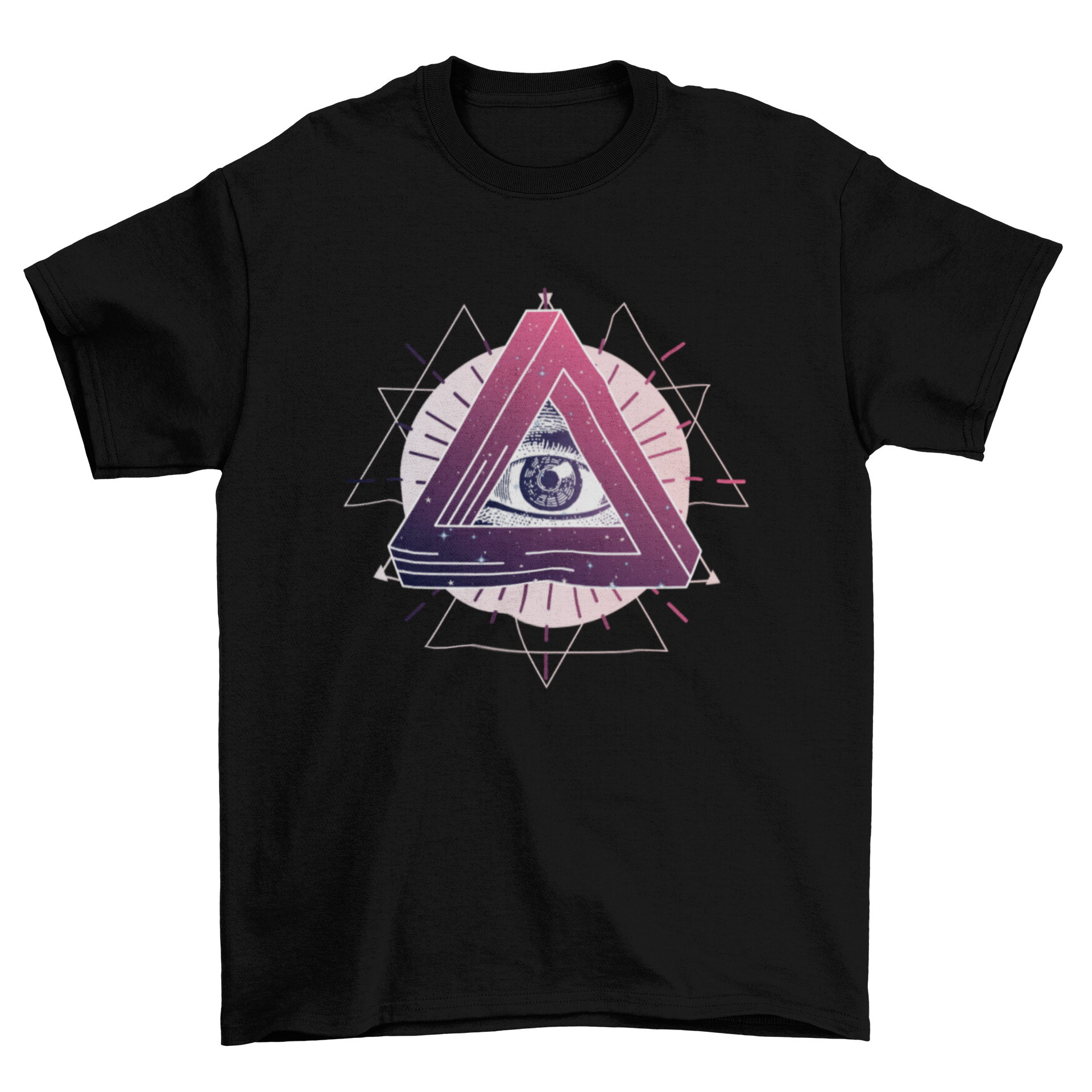 Mystic Eye T-Shirt featuring an eye design within a triangle, surrounded by geometric elements, showcasing a unique and artistic style.