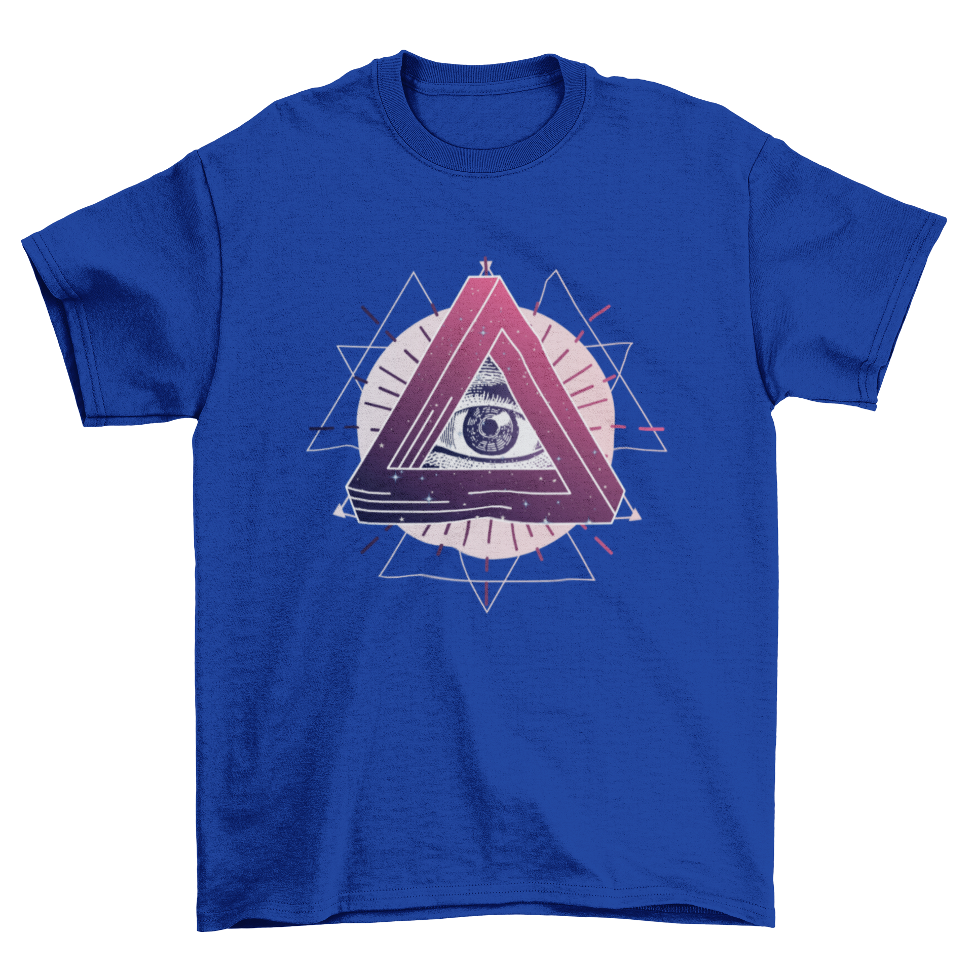 Mystic Eye T-Shirt featuring an eye design within a triangle, surrounded by geometric elements, showcasing a unique and artistic style.