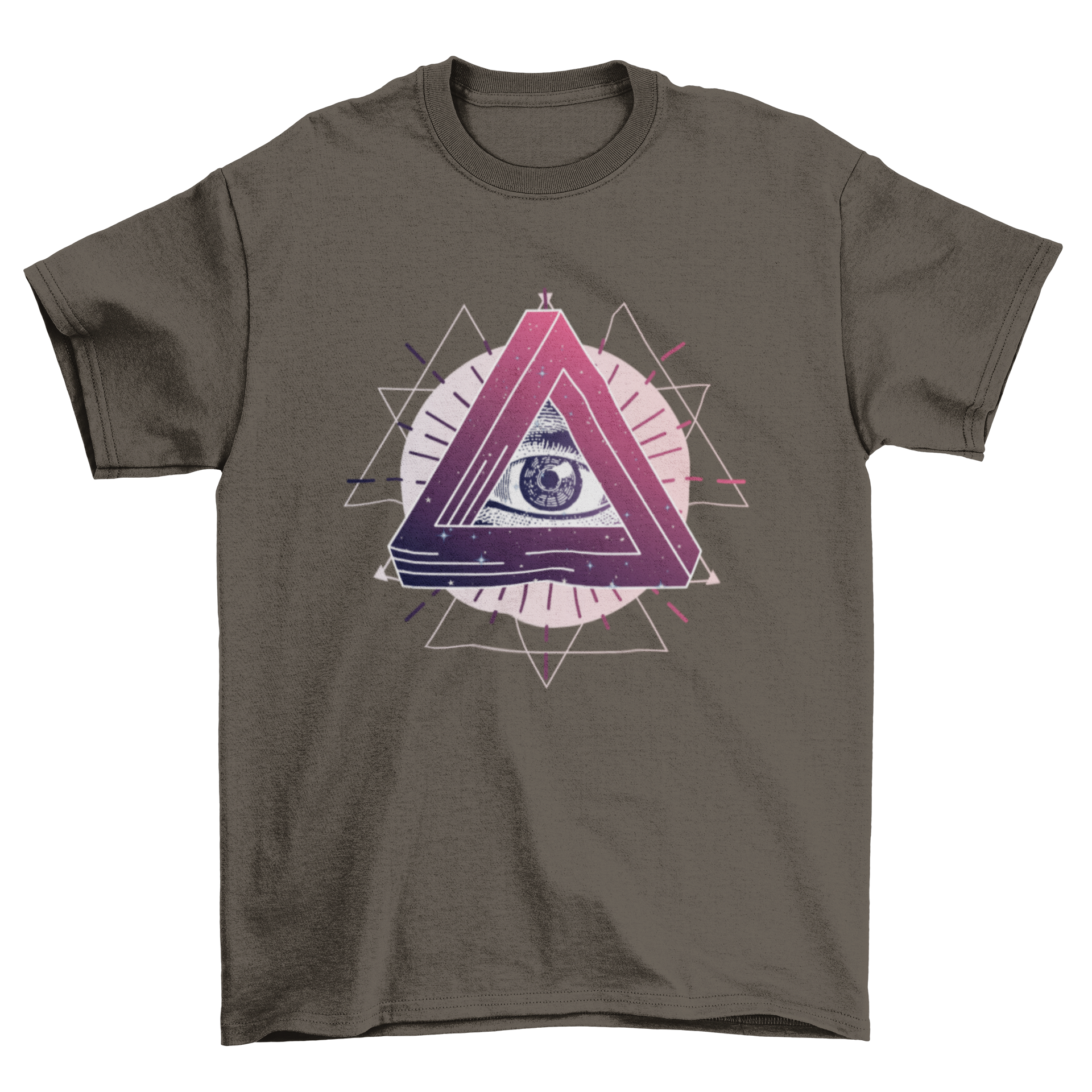 Mystic Eye T-Shirt featuring an eye design within a triangle, surrounded by geometric elements, showcasing a unique and artistic style.