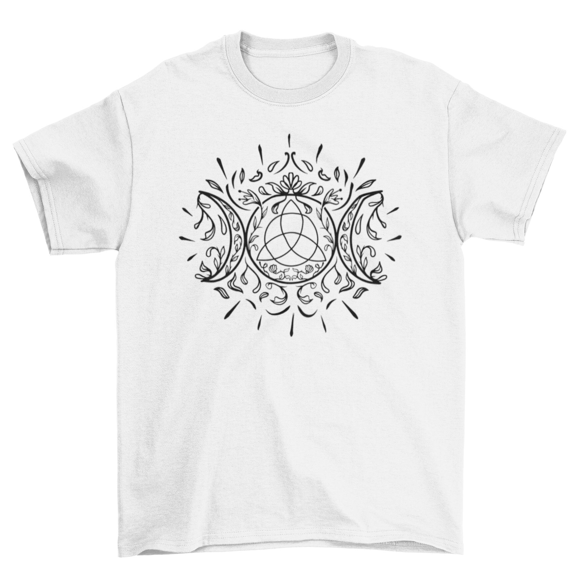 Mystic Moon Line Art T-Shirt featuring a swirly triple moon design on a soft fabric background.