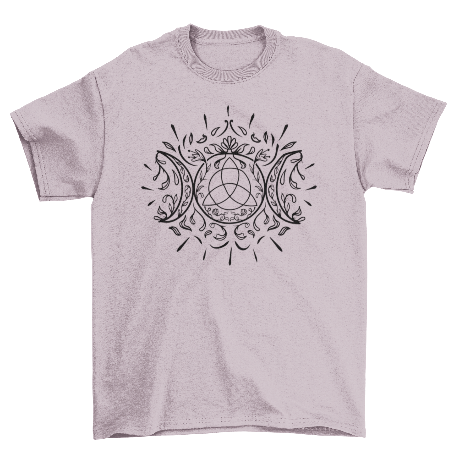 Mystic Moon Line Art T-Shirt featuring a swirly triple moon design on a soft fabric background.