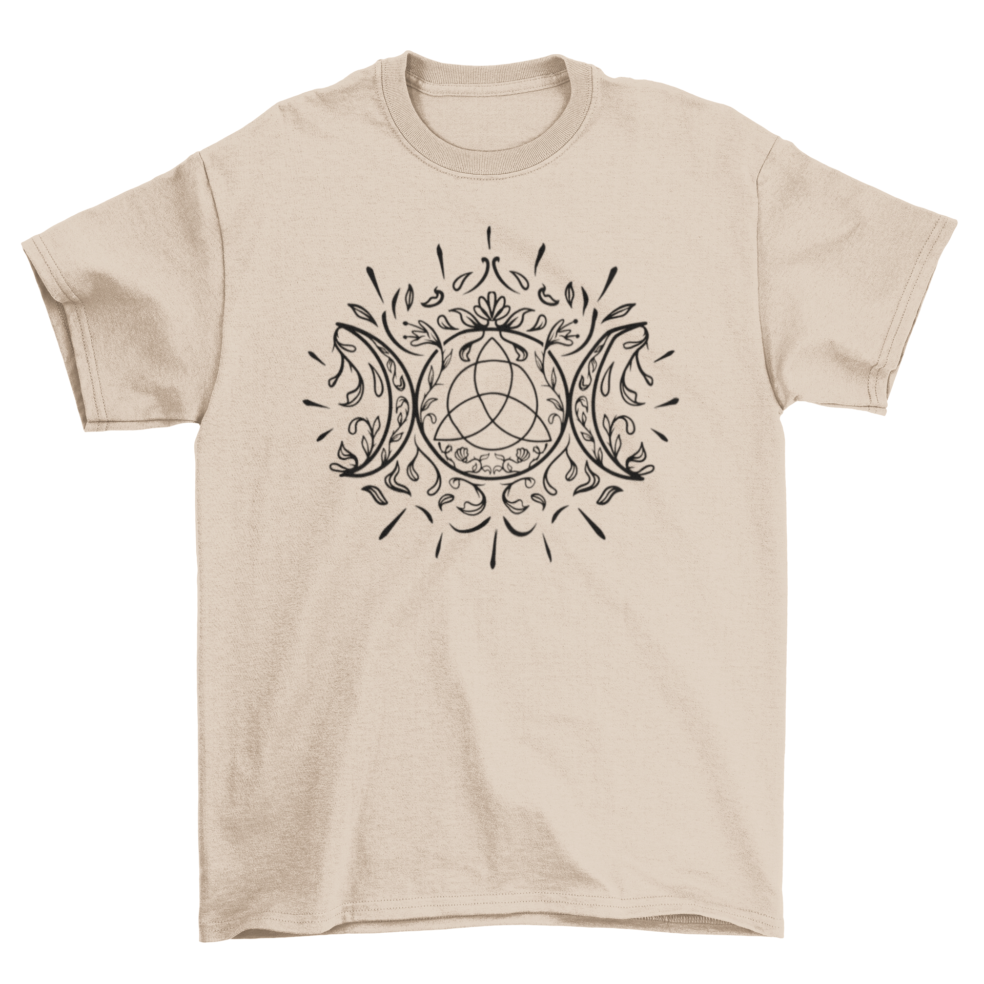 Mystic Moon Line Art T-Shirt featuring a swirly triple moon design on a soft fabric background.