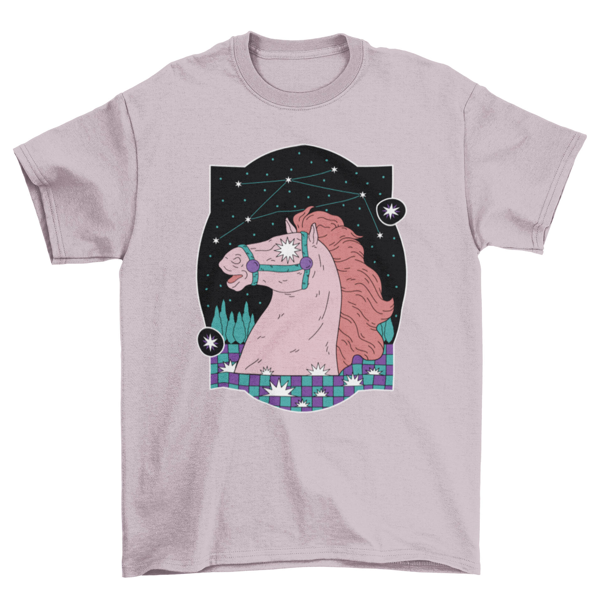 Mystic Star Horse T-Shirt featuring a horse with stars in its eyes and a constellation background, perfect for horse lovers.