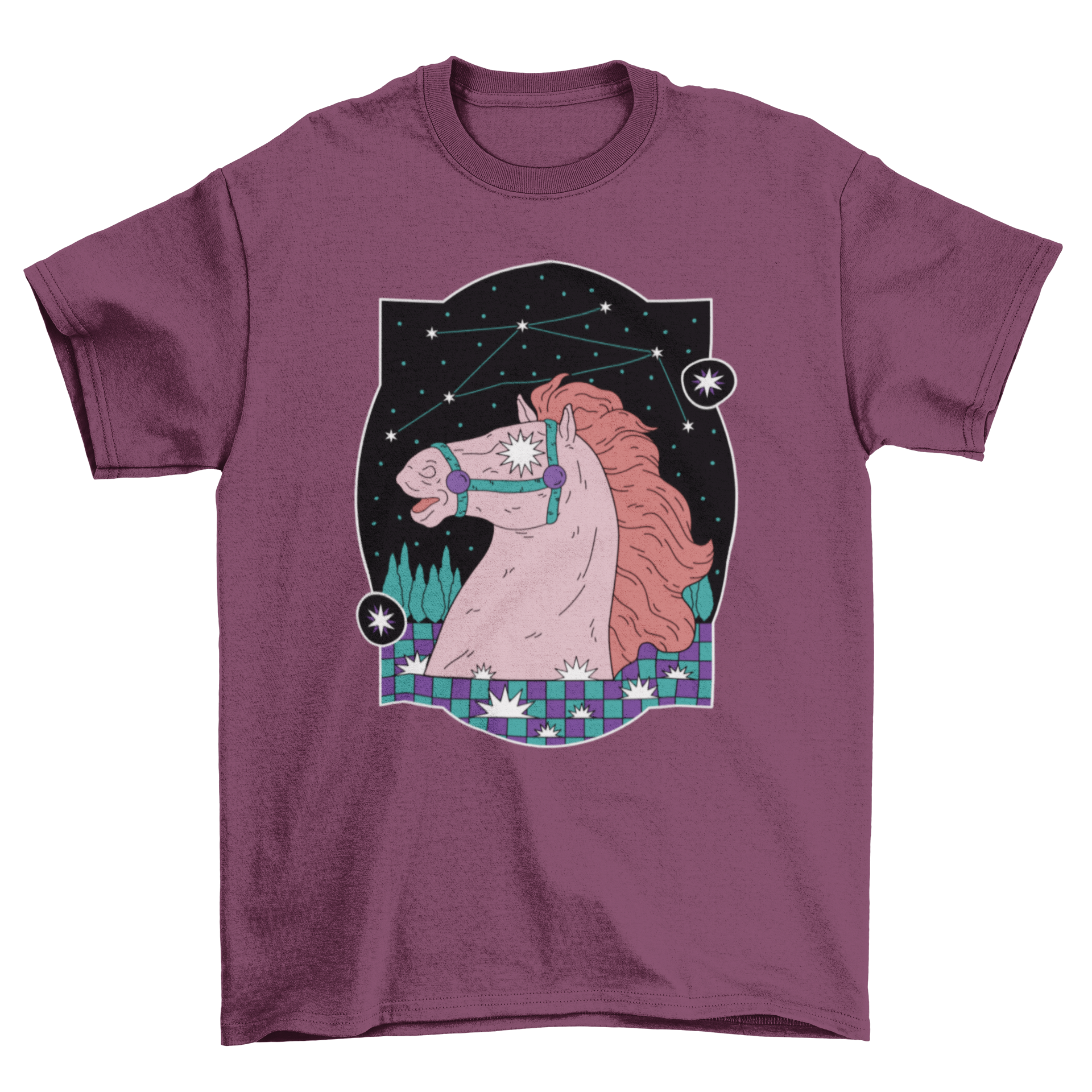 Mystic Star Horse T-Shirt featuring a horse with stars in its eyes and a constellation background, perfect for horse lovers.