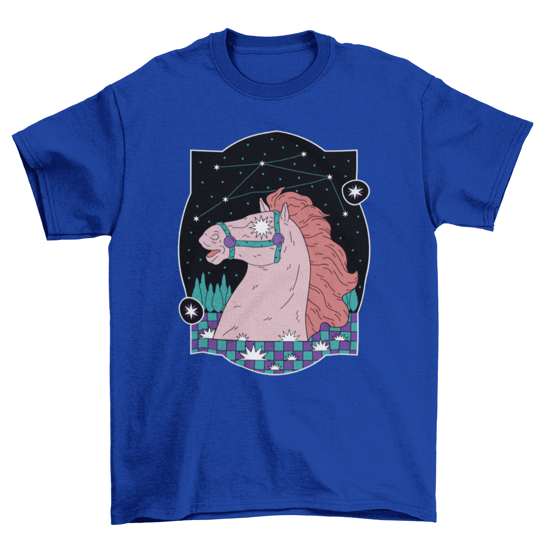 Mystic Star Horse T-Shirt featuring a horse with stars in its eyes and a constellation background, perfect for horse lovers.