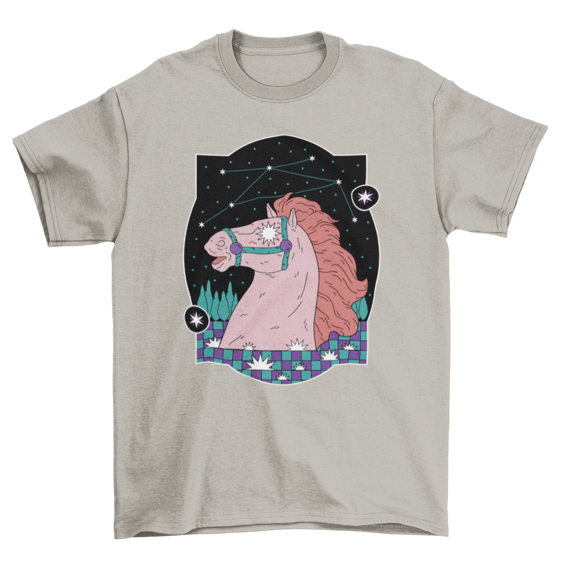 Mystic Star Horse T-Shirt featuring a horse with stars in its eyes and a constellation background, perfect for horse lovers.