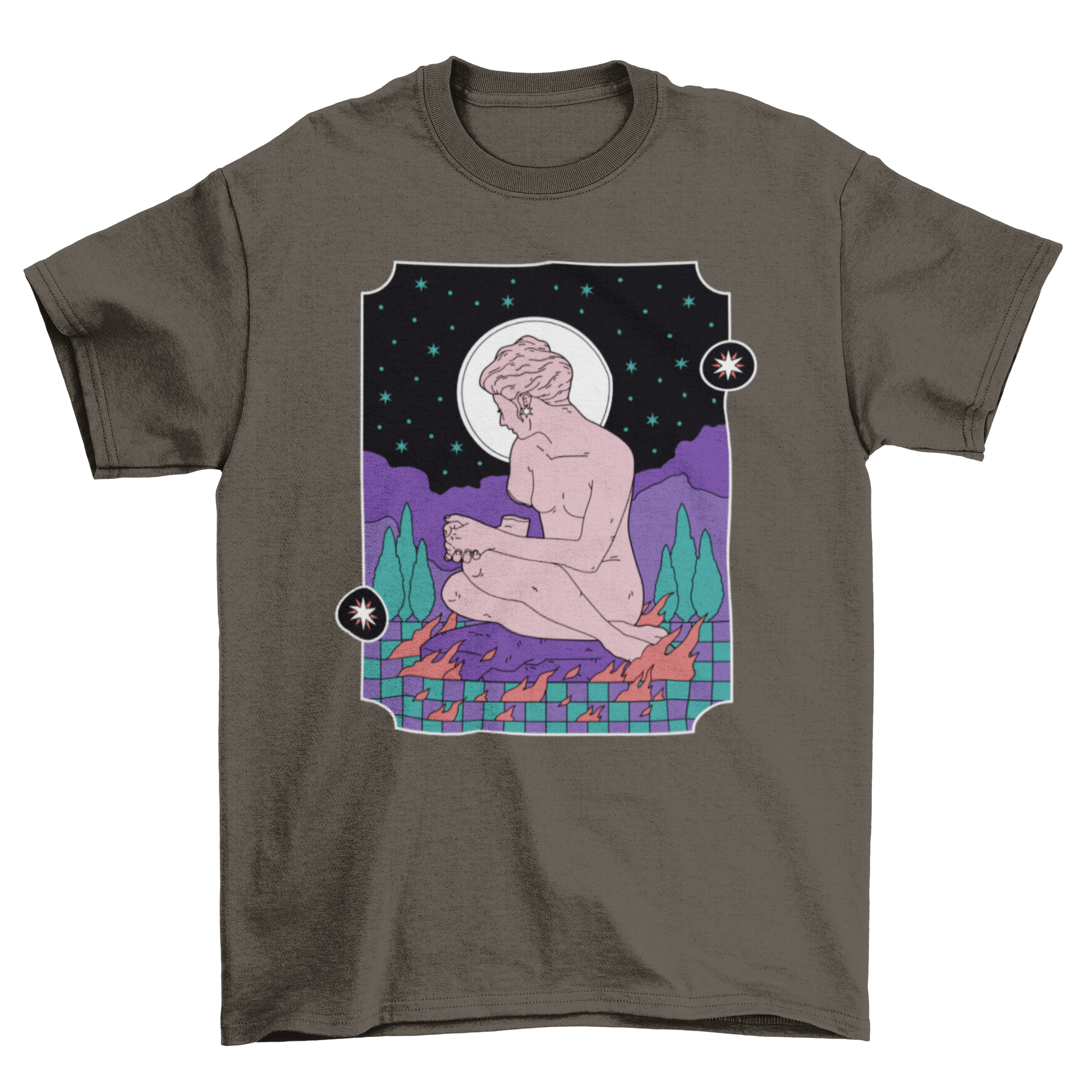 A stylish t-shirt featuring a mystic statue against a starry night sky.