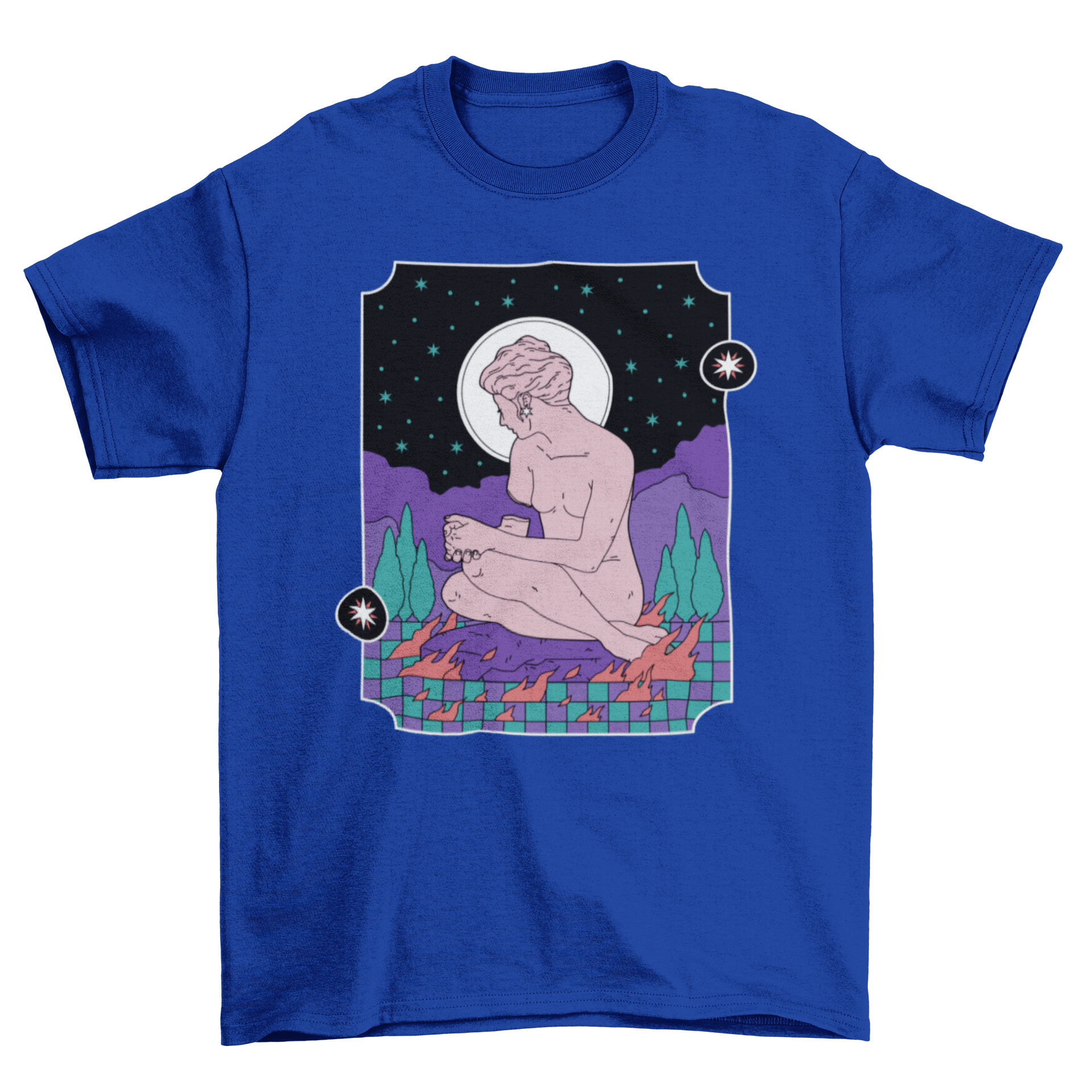 A stylish t-shirt featuring a mystic statue against a starry night sky.