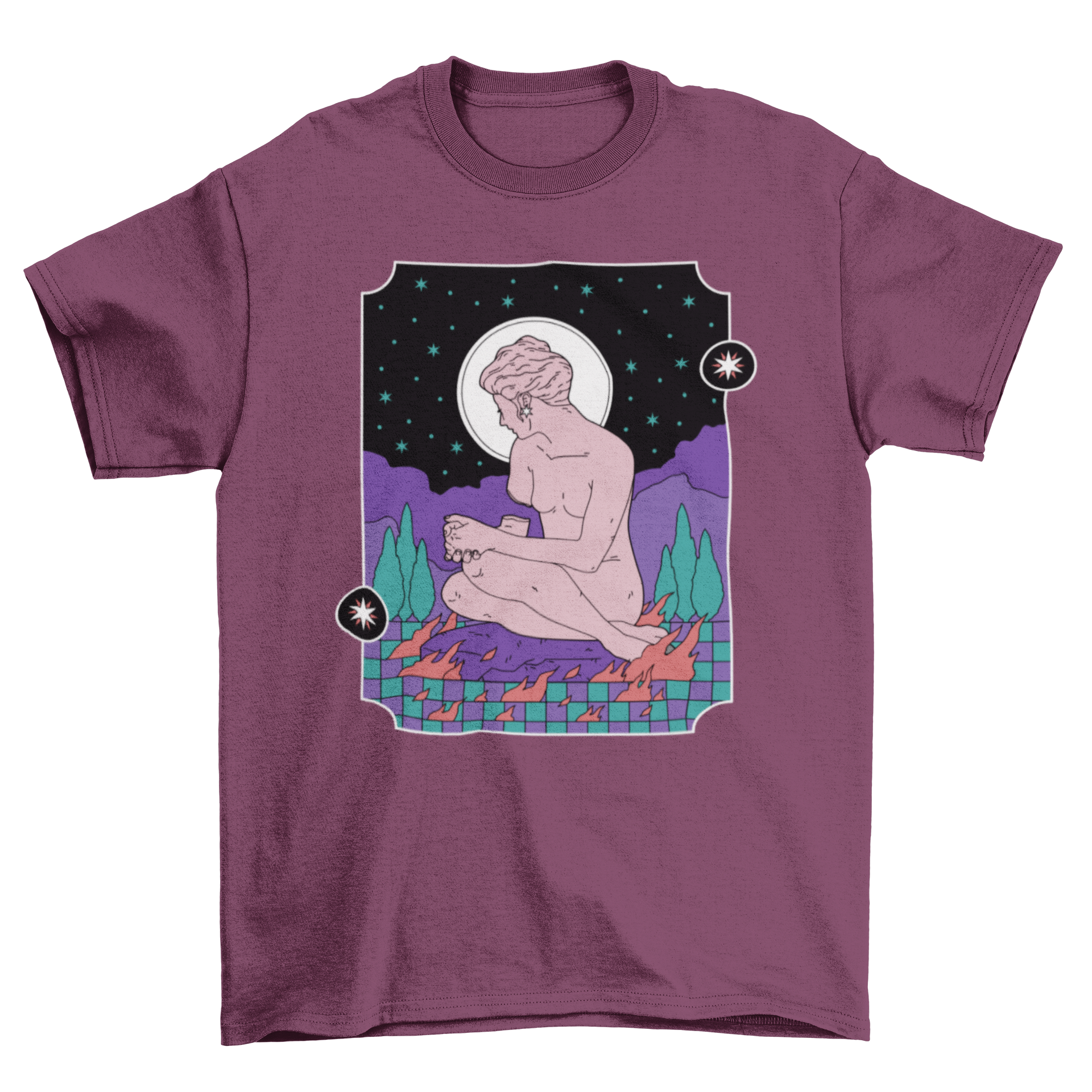 A stylish t-shirt featuring a mystic statue against a starry night sky.