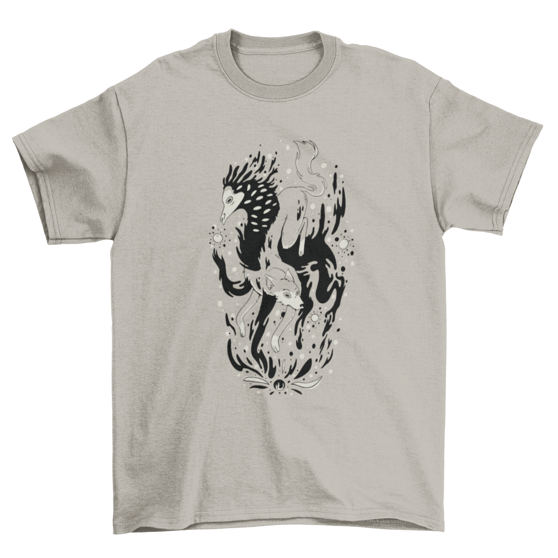 A stylish t-shirt featuring a mystic wolf and a dark creature design, perfect for nature lovers.