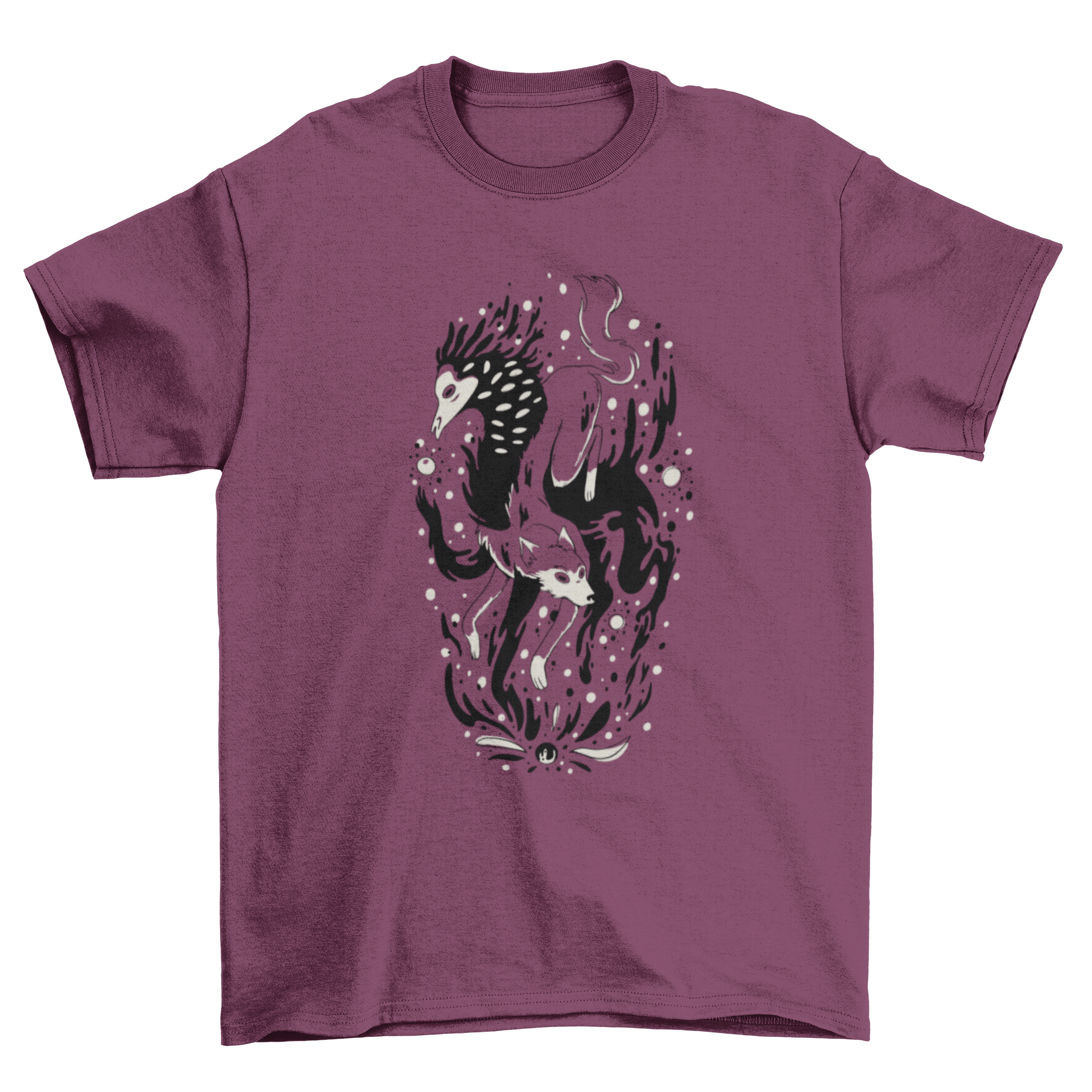 A stylish t-shirt featuring a mystic wolf and a dark creature design, perfect for nature lovers.