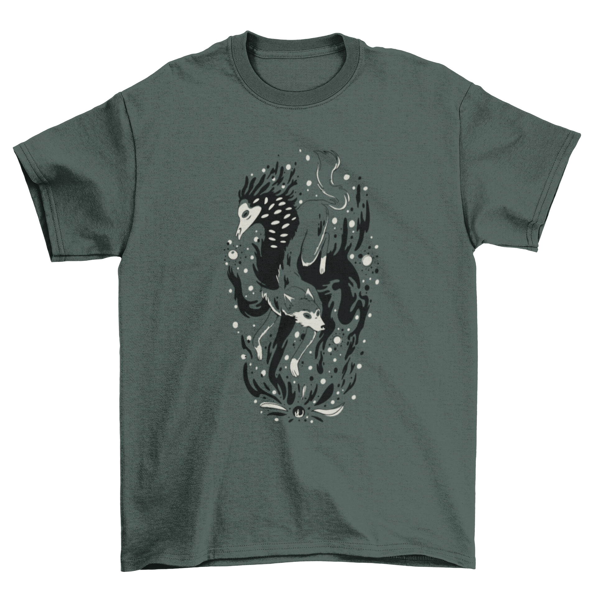 A stylish t-shirt featuring a mystic wolf and a dark creature design, perfect for nature lovers.